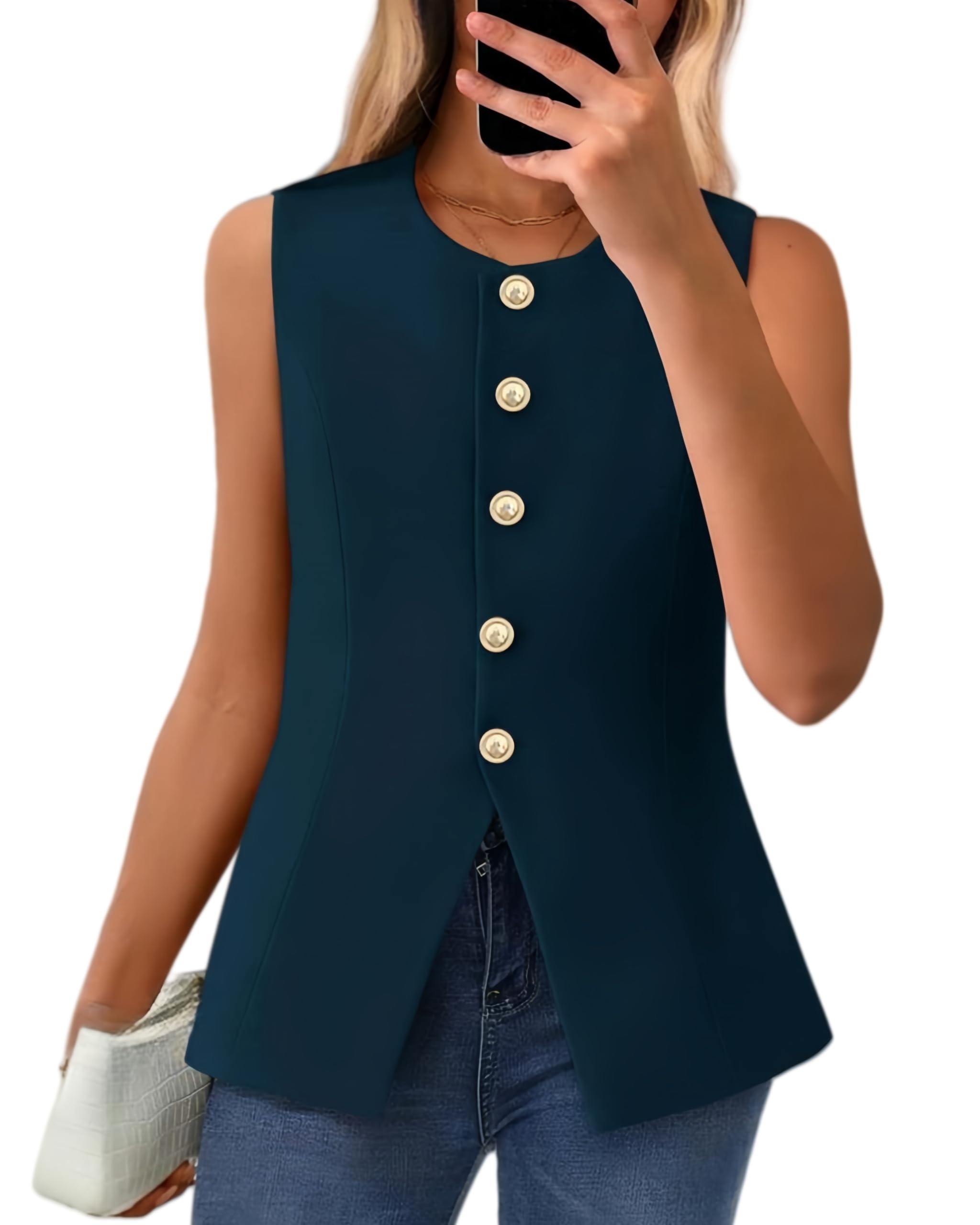 Chaleco De Traje para Mujer,Chaleco Vintage Sin Mangas con Cuello Redondo Y Botonadura Sencilla para Mujer Chaqueta Informal con Botones para Verano Elegante Traje De Oficina para Negoc
