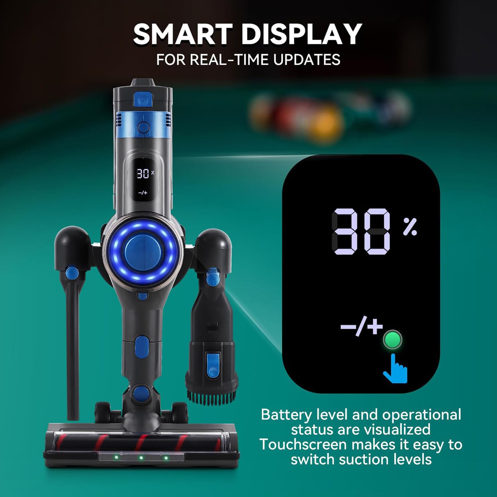 Aspiradora limpiadora de mesa de billar, inalámbrica con 3 niveles de succión, pantalla LED, duración de la batería de 60 minutos, desmontable para una fácil limpieza de mesas de billar