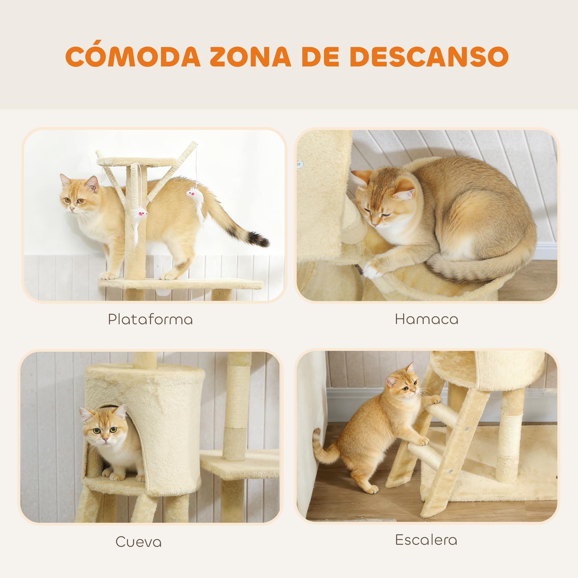 PawHut Árbol Rascador para Gatos Grande, Torre de Escalada, 134 cm, Beige | Árbol para Gatos, 6 Postes de Sisal, 3 Plataformas, 1 Cueva, 1 Hamaca, 1 Escalera, 4 Juguetes Colgantes