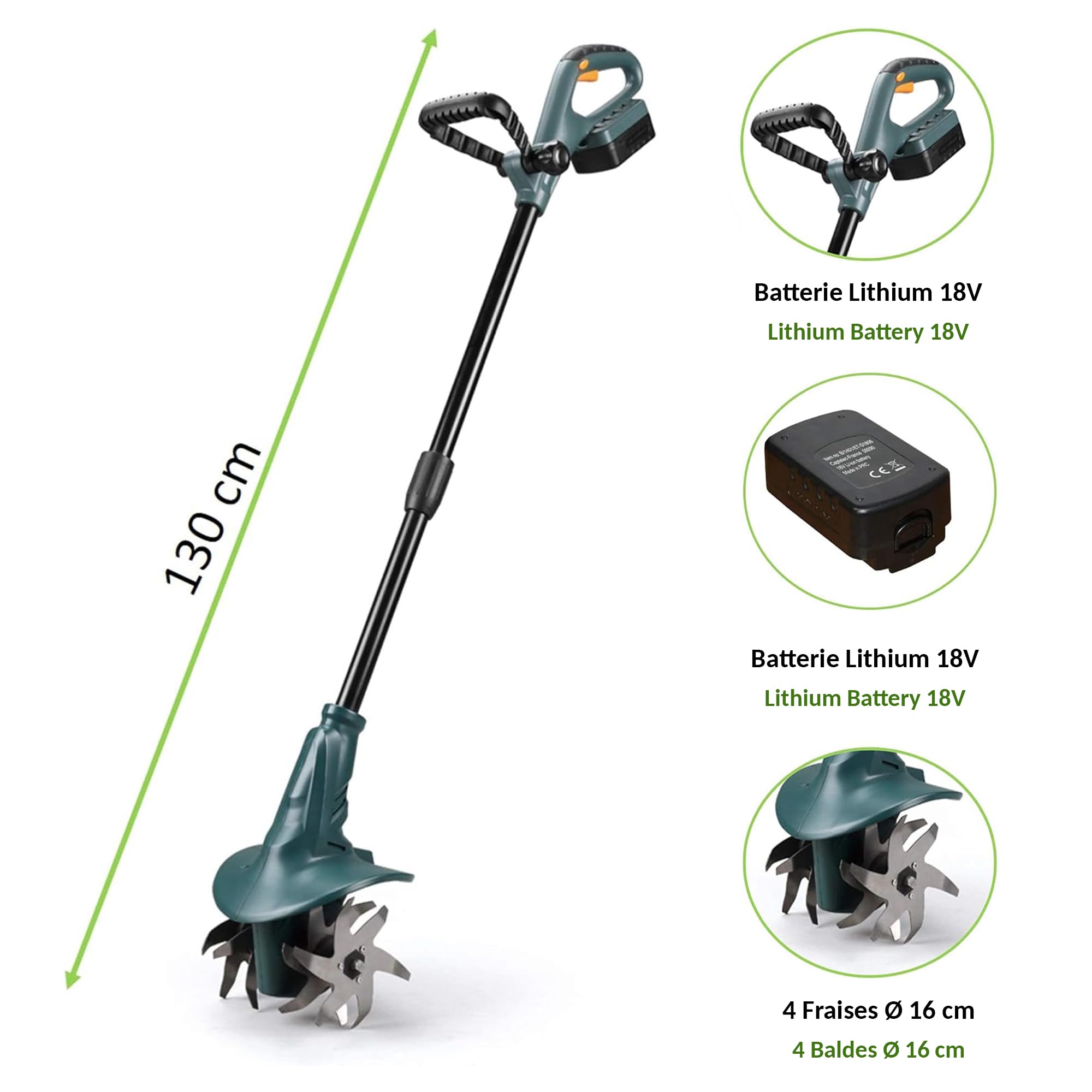 FISHTEC - Motoazada sin Cable 18V con batería de Litio - Batería y Cargador incluidos - Anchura de Trabajo: 20 cm - Profundidad de Trabajo: 8 cm - 4 Fresas - Mango Doble ergonómico