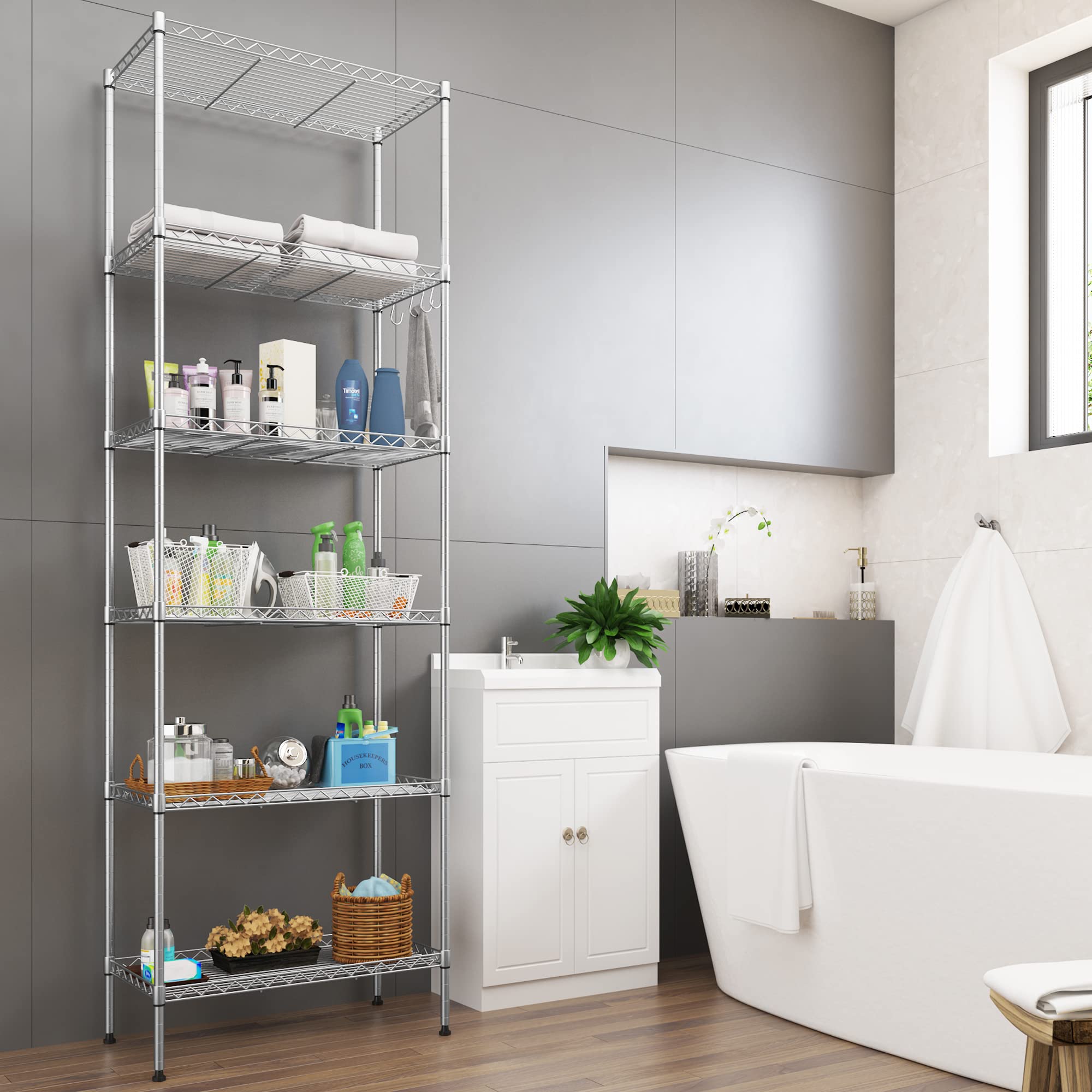 Himimi Estantería de Alambre de 6 Niveles, Estante Independiente, estantes de Almacenamiento de Metal, Estante Organizador Resistente para Garaje, Cocina, baño, Plateado