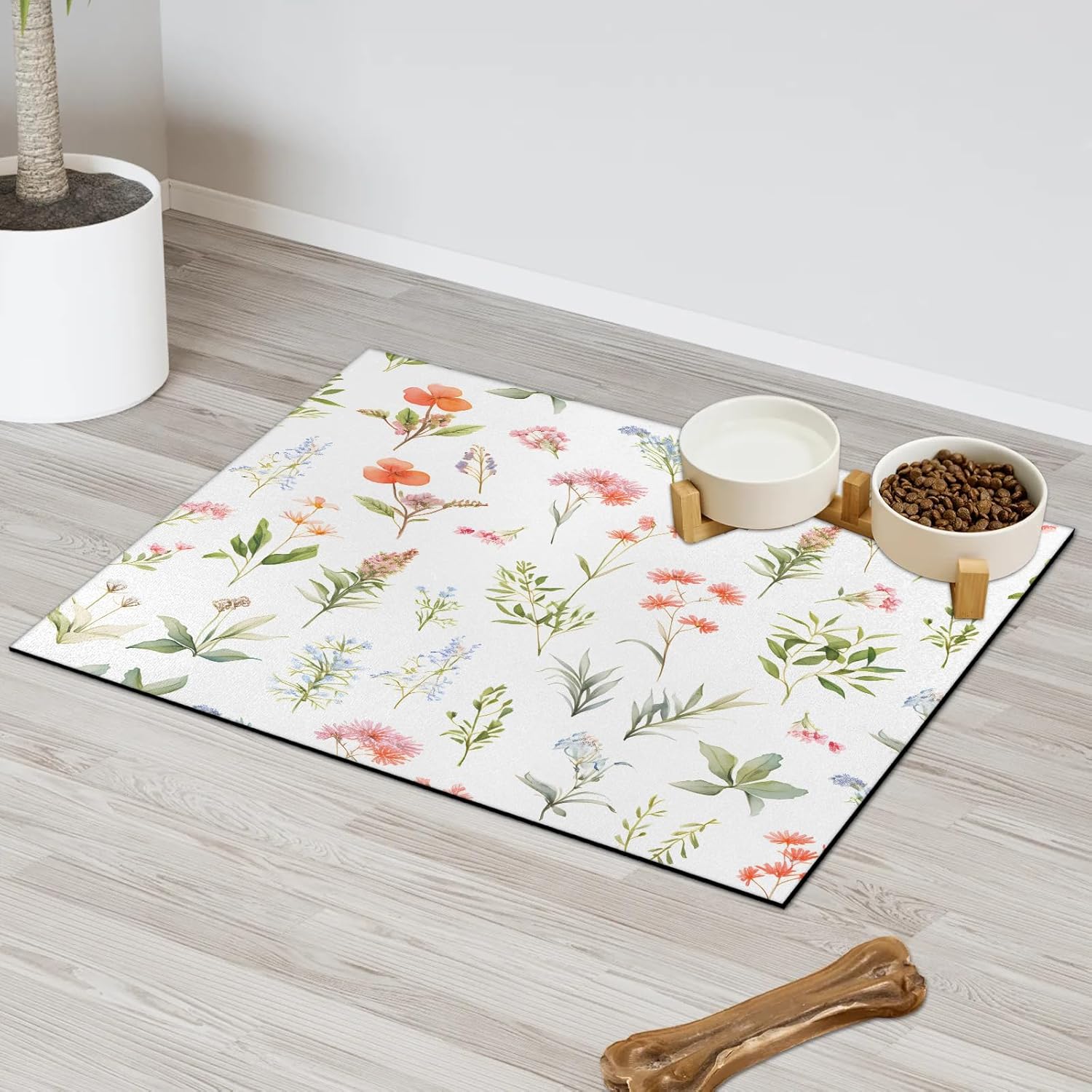 Hexteria Spring Flower Dog Cat Food Mat 24 x 32 in Floral Plant Absorbent Leakproof Pet Feeding Mat for Food and Water Bowl Non Slip No Stains Pet Placemat