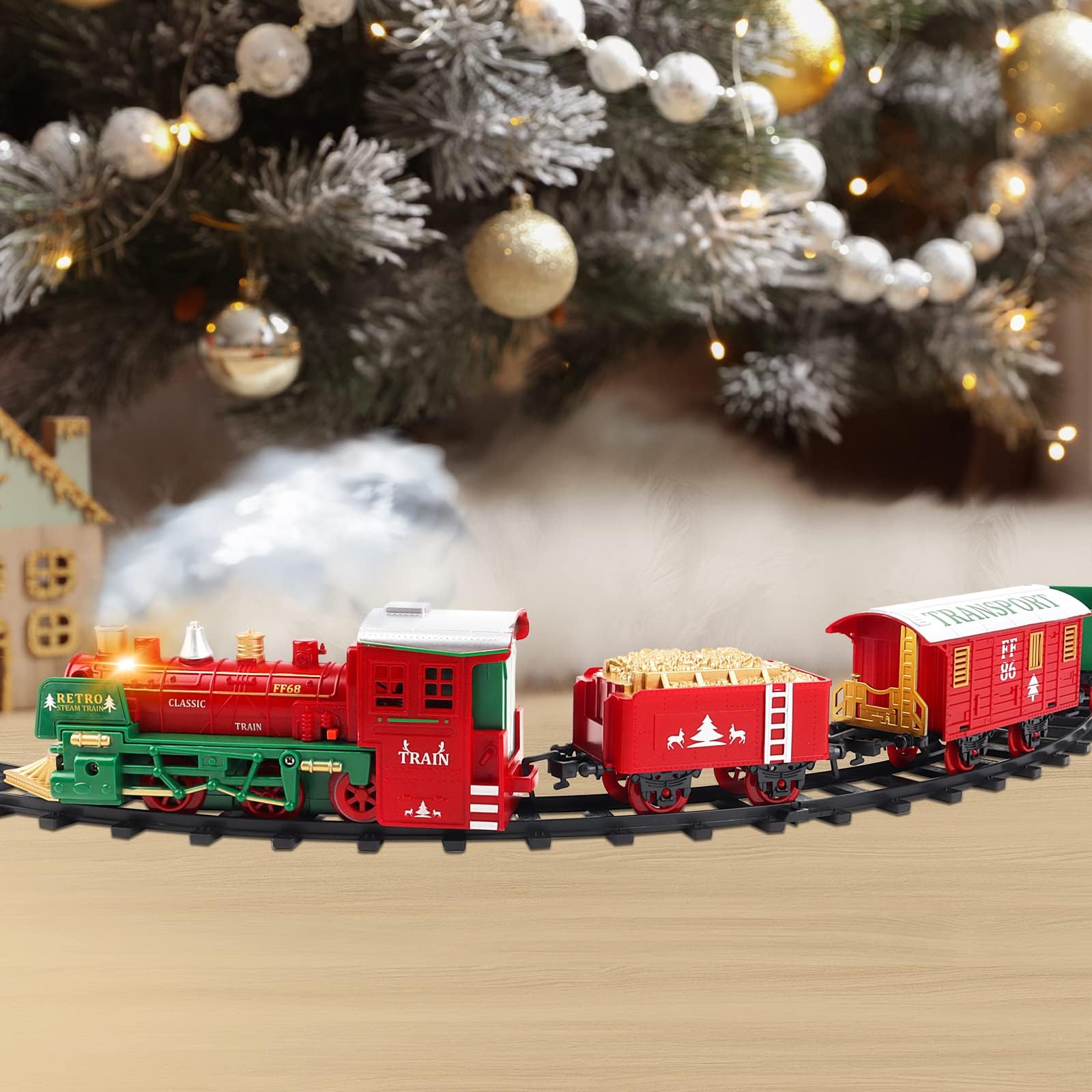 deAO Tren Clásico Infantil con Luces y Sonidos Conjunto Navideño de Vías, Locomotora y 3 Vagones Tren de Juguete Electrónico Decoración de Navidad (Rojo 05)