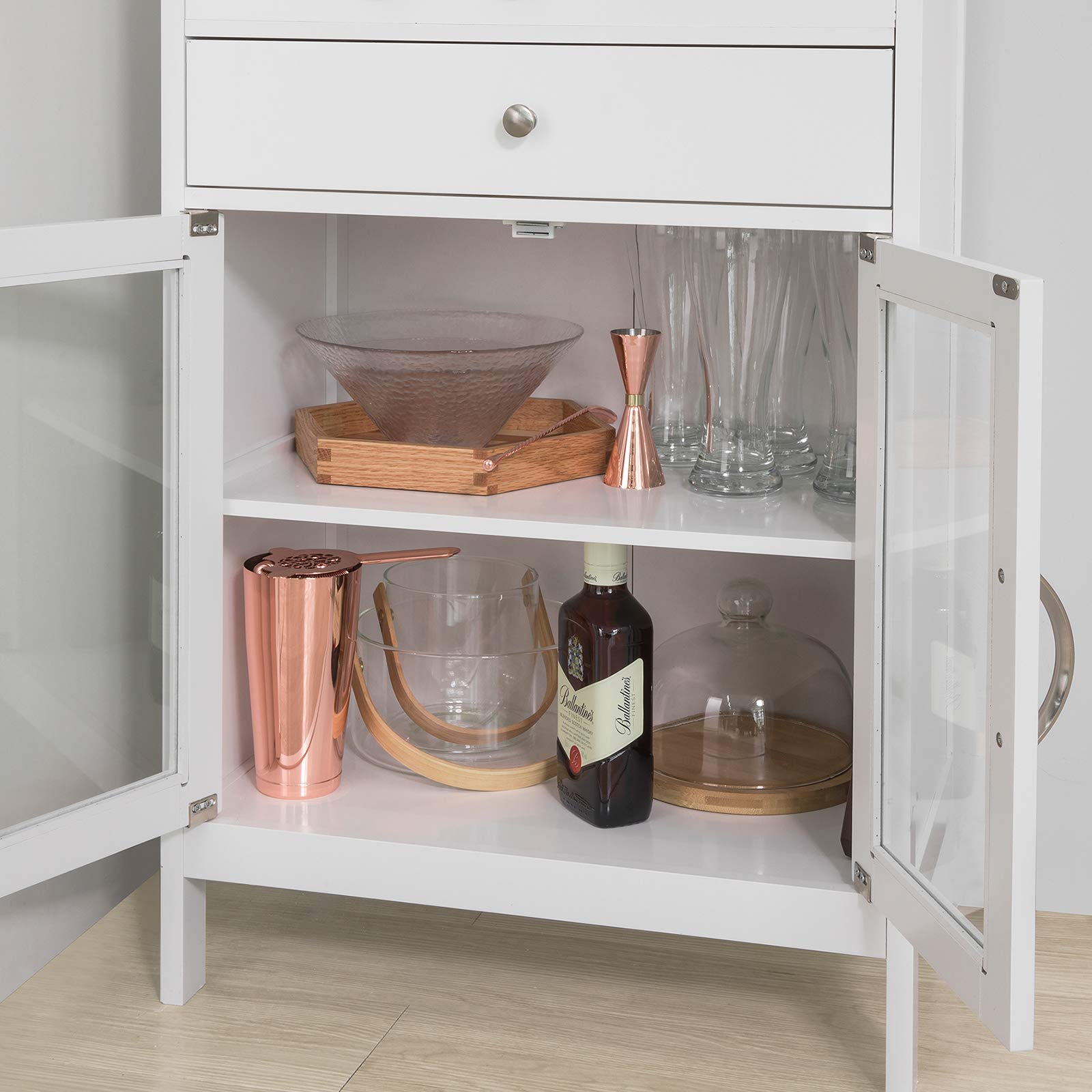 SoBuy Cantinetta portabottiglie di vino Credenza bianca con portabottiglie, portabicchieri e armadietto L56*P35*A128 cm, FSB24-W