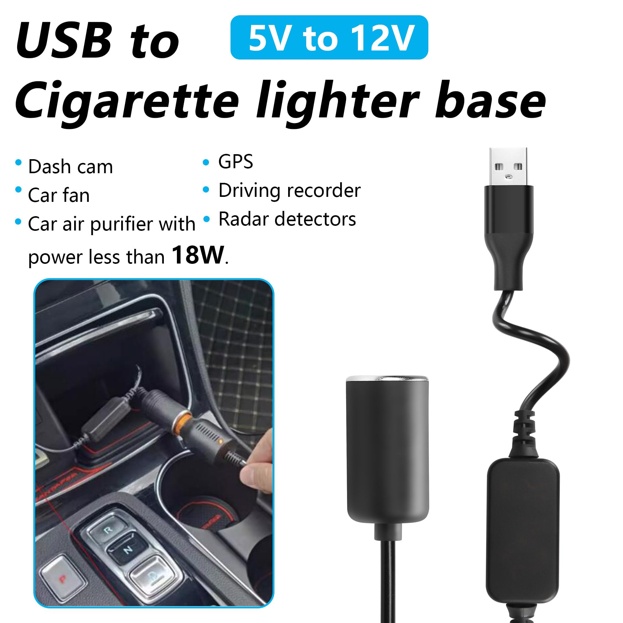 Câble Convertisseur USB Vers Allume-Cigare CERRXIAN - 5V To 12V - Pour Dashcam, Radar - 30cm