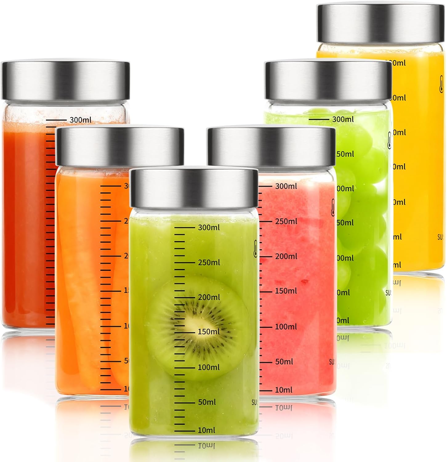 Glass Juice Bottles, 10 Oz Wide Mouth Reusable Borosilicate Glass Water Bottles Leak-Proof Stainless Steel Lids, Food Grade Safe, Fits in Cup Holder Juice Containers for Juicing, Gym, Daily Use 6 Pack