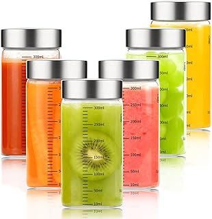 Wide Mouth Reusable Borosilicate Glass Juice Bottles - Leak-Proof Stainless Steel Lids, Food Grade Safe, Fits in Cup Holder for Juicing, Gym, Daily Use (300ML-pack6)