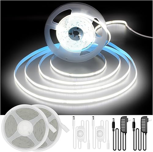 DAYBETTER Paquete de 2 tiras LED COB, tira de luces LED blancas de 16.4 pies, tira de luz LED regulable, 6500 K, luz blanca brillante, 24 V, 1600