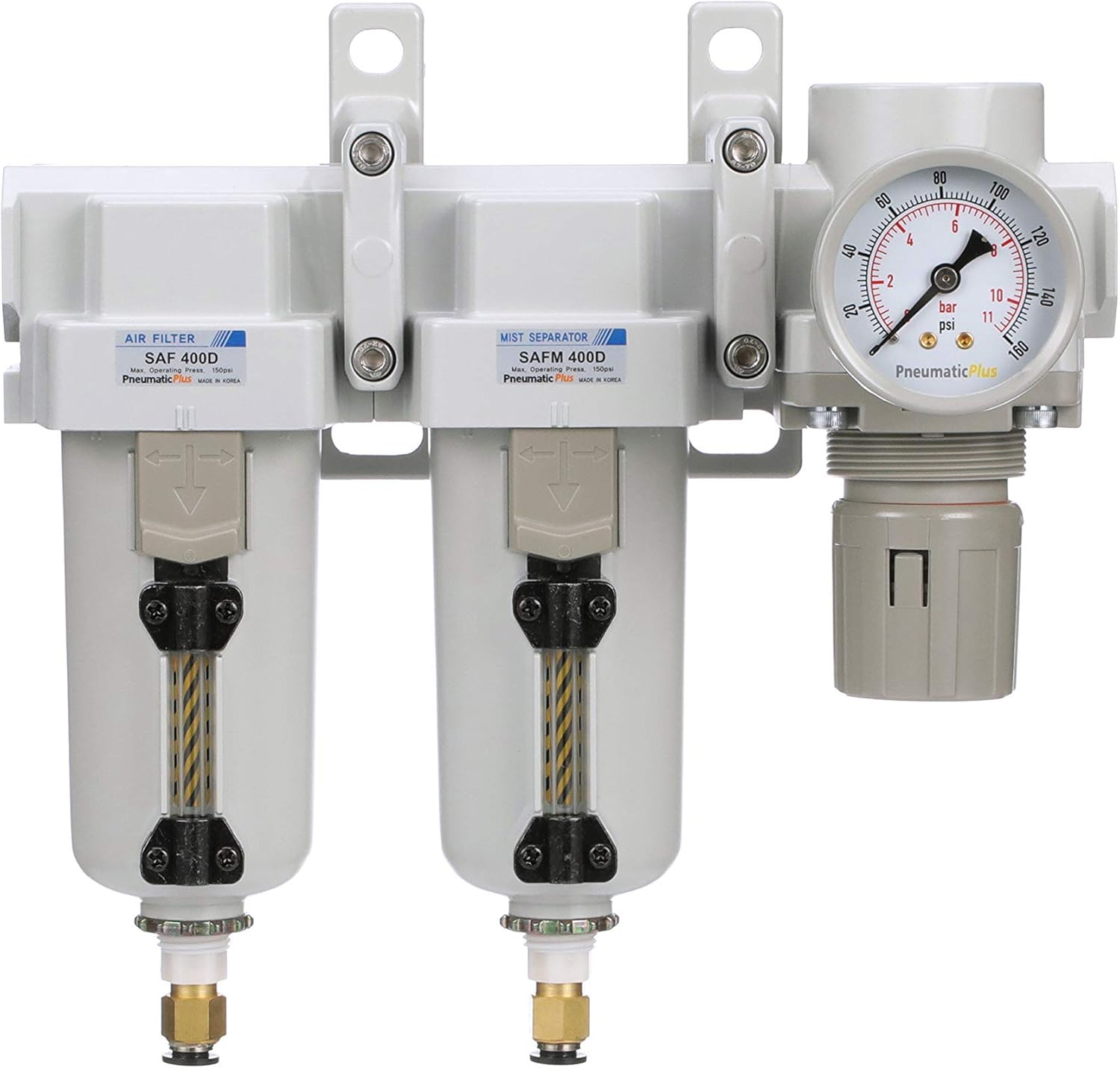 PneumaticPlus SAU430-N04DG-MEP Three Stage Air Drying System Particulate Air Filter, Coalescing Filter, Air Pressure Regulator Combo 1/2" NPT - Metal Bowl, Auto Drain, Bracket, Gauge - Image 2