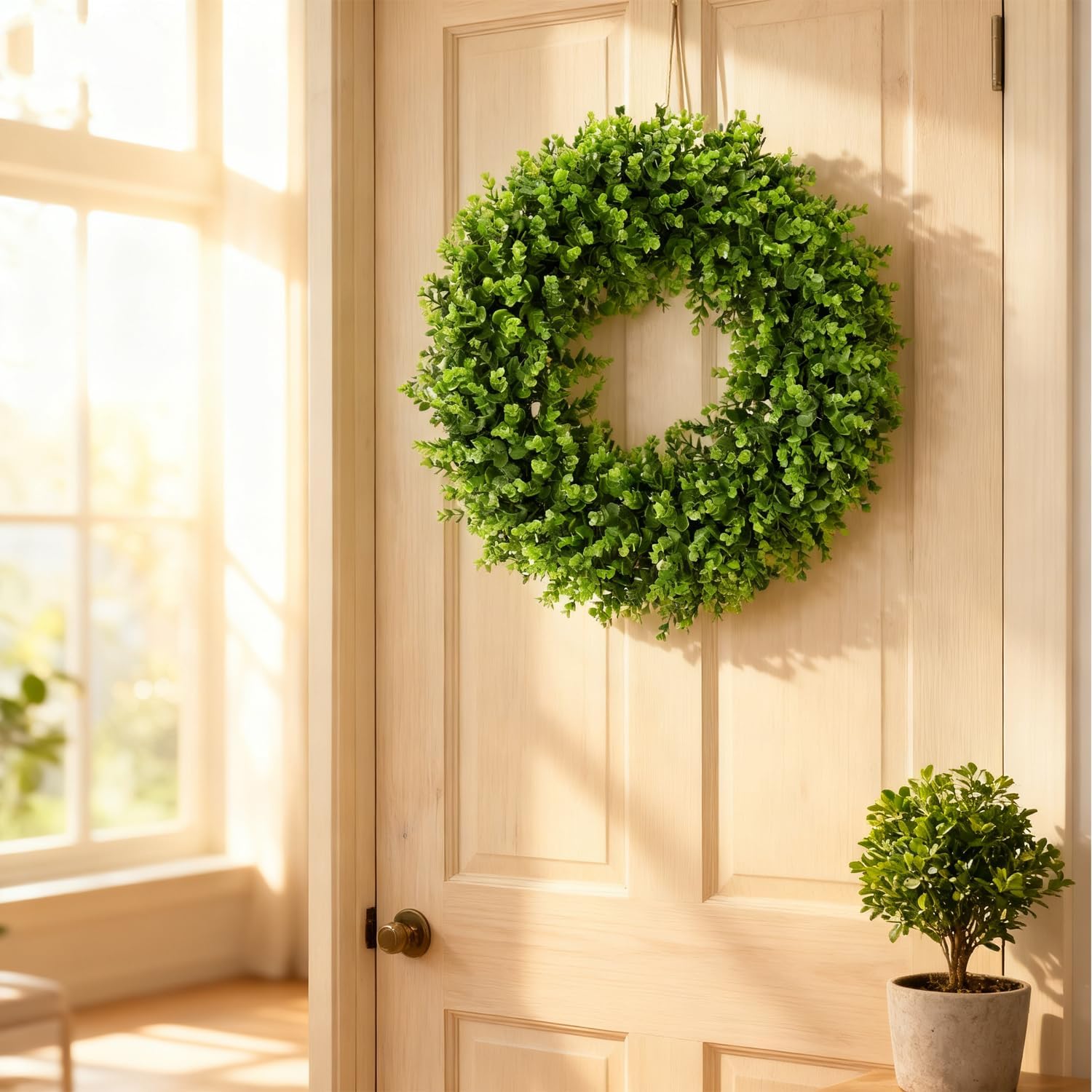 Boxwood Wreath Artificial Preserved for Garden Front Door Faux Green Boxwood Wreaths Will Keep Your Door Walls and Windows Fresh All Year Round and is an Great Home Decor -24 INCH