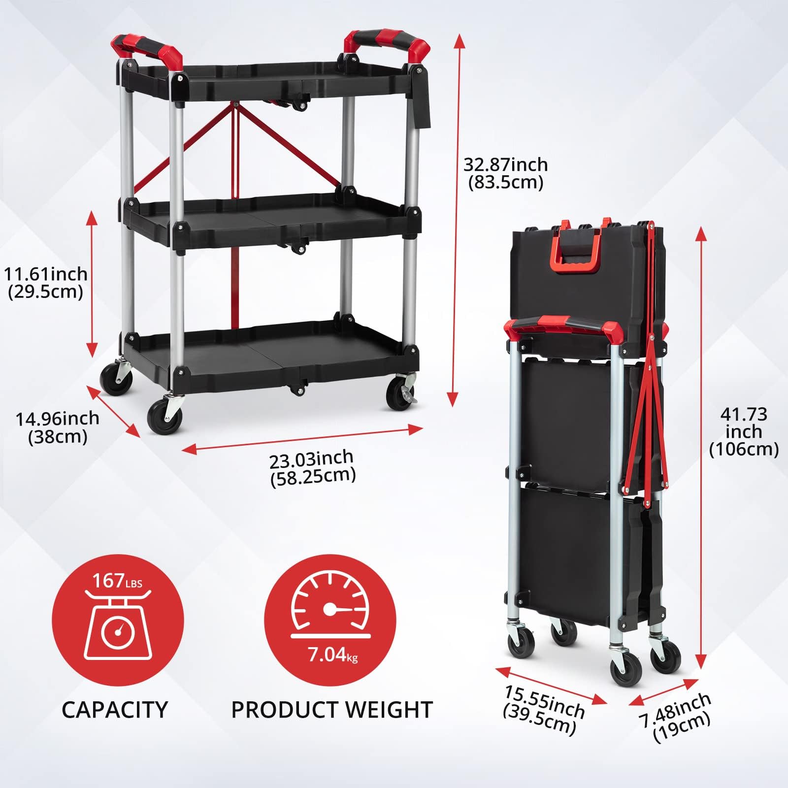 Chariot Pliable à 3 Niveaux, Chariot de Service à roulettes, Capacité 75 kg, Chariot de Cuisine Compact pour la Maison, Le Bureau, Le Garage, 60 x 38 x 83 cm, Noir