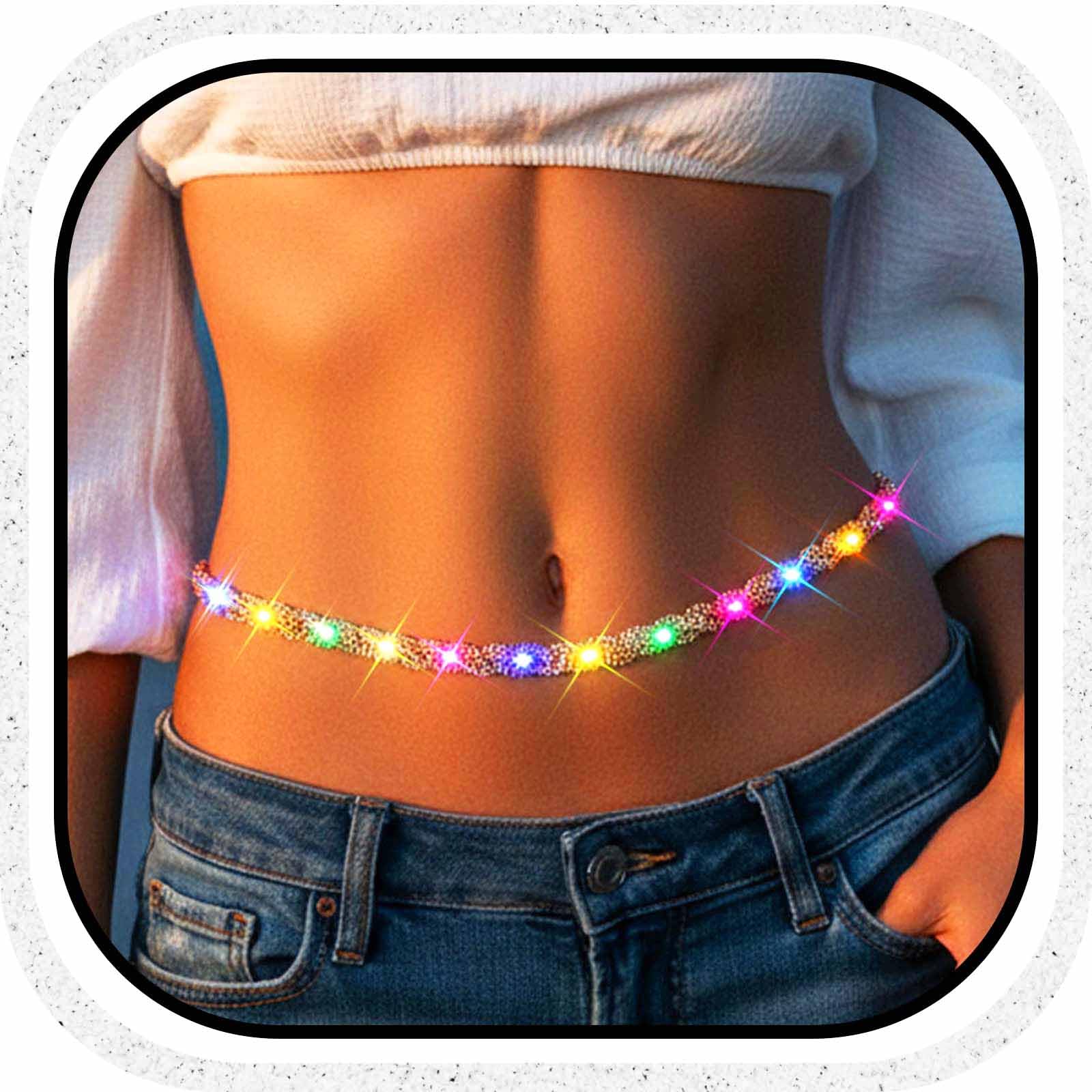 Fstrend Light Up Waist Chain Gold Rhinestone Belly Chains Sparkly Crystal Night Club Party Glowing Body Accessories for Women