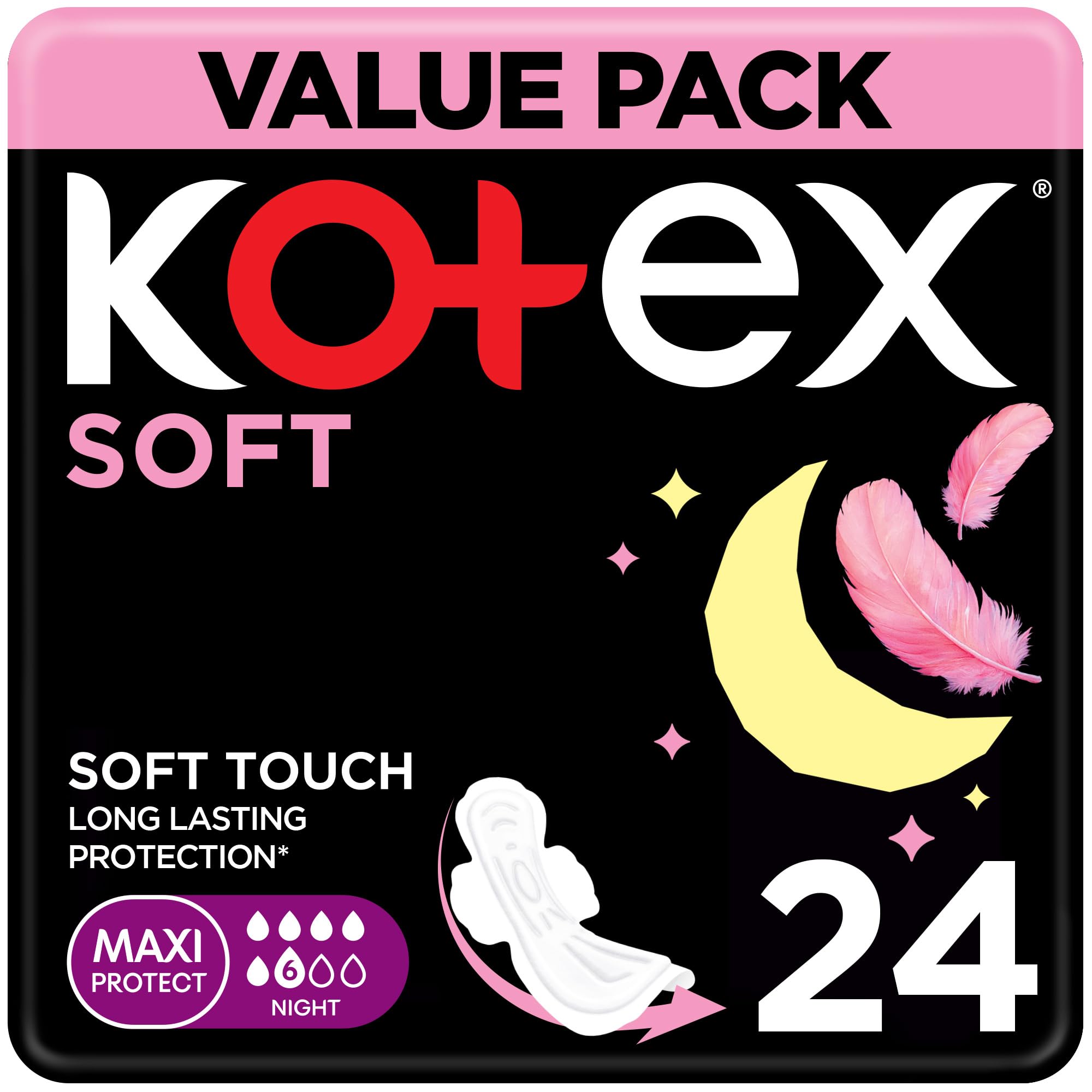 Kotex Maxi Soft Night Sanitary Pads, 24 Count – Extra-Soft Long Overnight Pads with High Absorbency & Gentle Cushioned Cover for Sensitive Skin and Comfortable Period Sleep