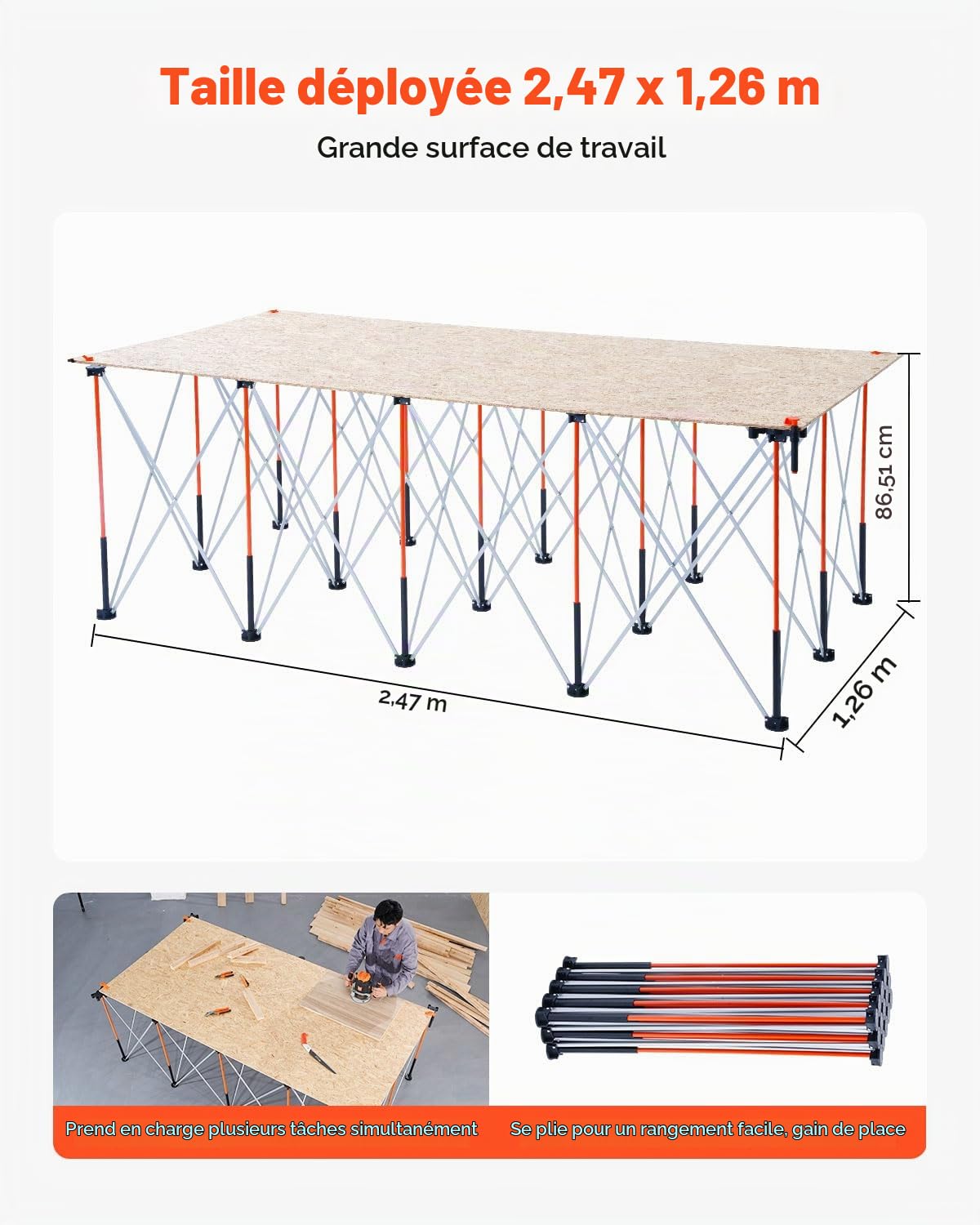 VEVOR Châssis Pliable Établi 244,5x125,5 cm, Support Table de Travail Charge 2724 kg, sans Assemblage, Pied d’Établi Portable avec Sac de Rangement, Plateau de Table Non Inclus, pour Garage Atelier