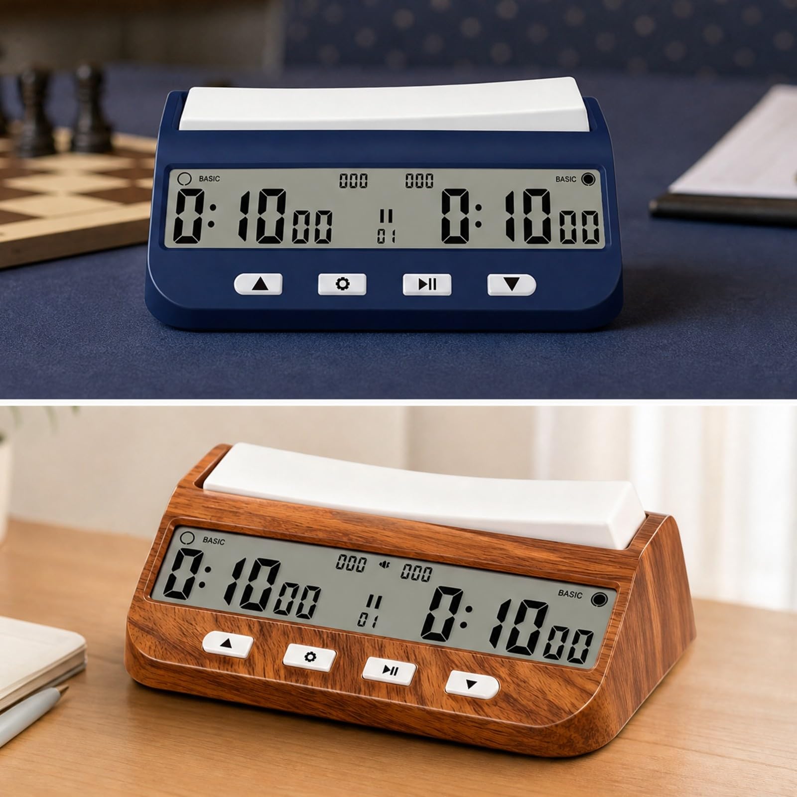 Orologio Partita Scacchi Digitale con Due Schermi Timer da Tavolo Contasecondi Multifunzione con Ritardo E Tempo Extra con Funzione Conteggio, Effetto Legno