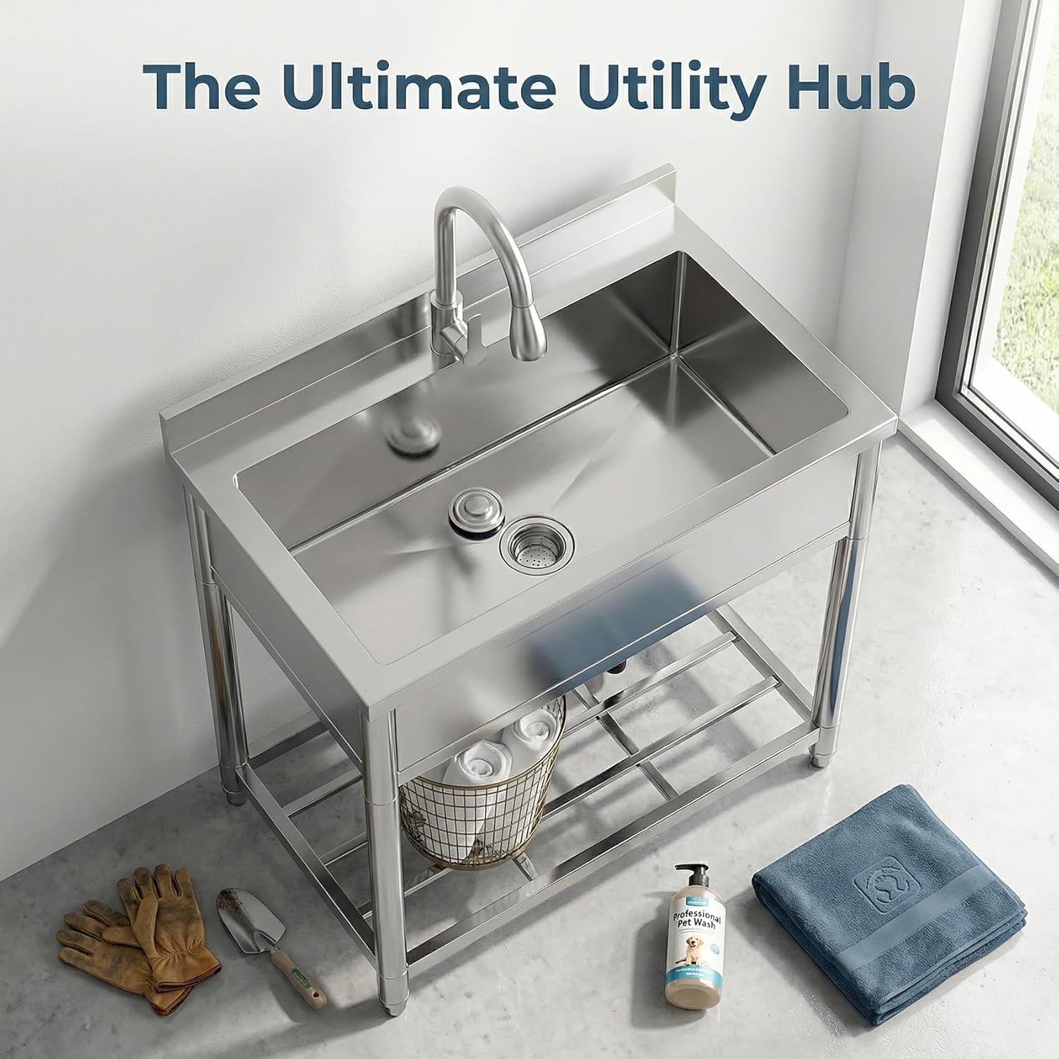 Stainless Steel Large Utility Sink Single Bowl, Freestanding Laundry Sink with Pull-Out Faucet, Utility Sink for Laundry Room, Garage, Kitchen, Outdoor/Indoor Use, W35.4" x D22.4" x H37"