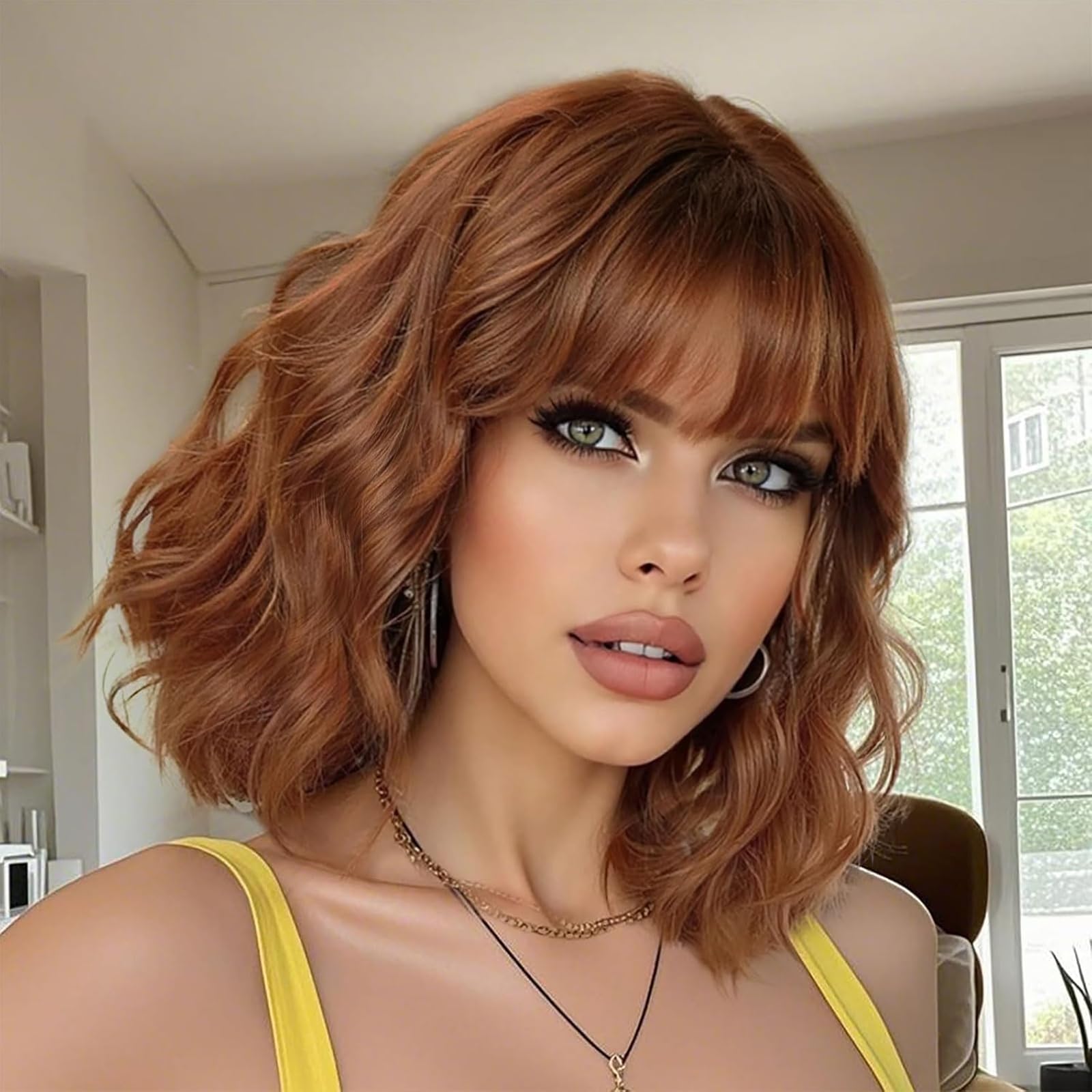 Auburn Wigs for Women Bob Wig with Bangs Short Curly Synthetic Shoulder Length Hair Wavy Natural Looking for Party Daily Use