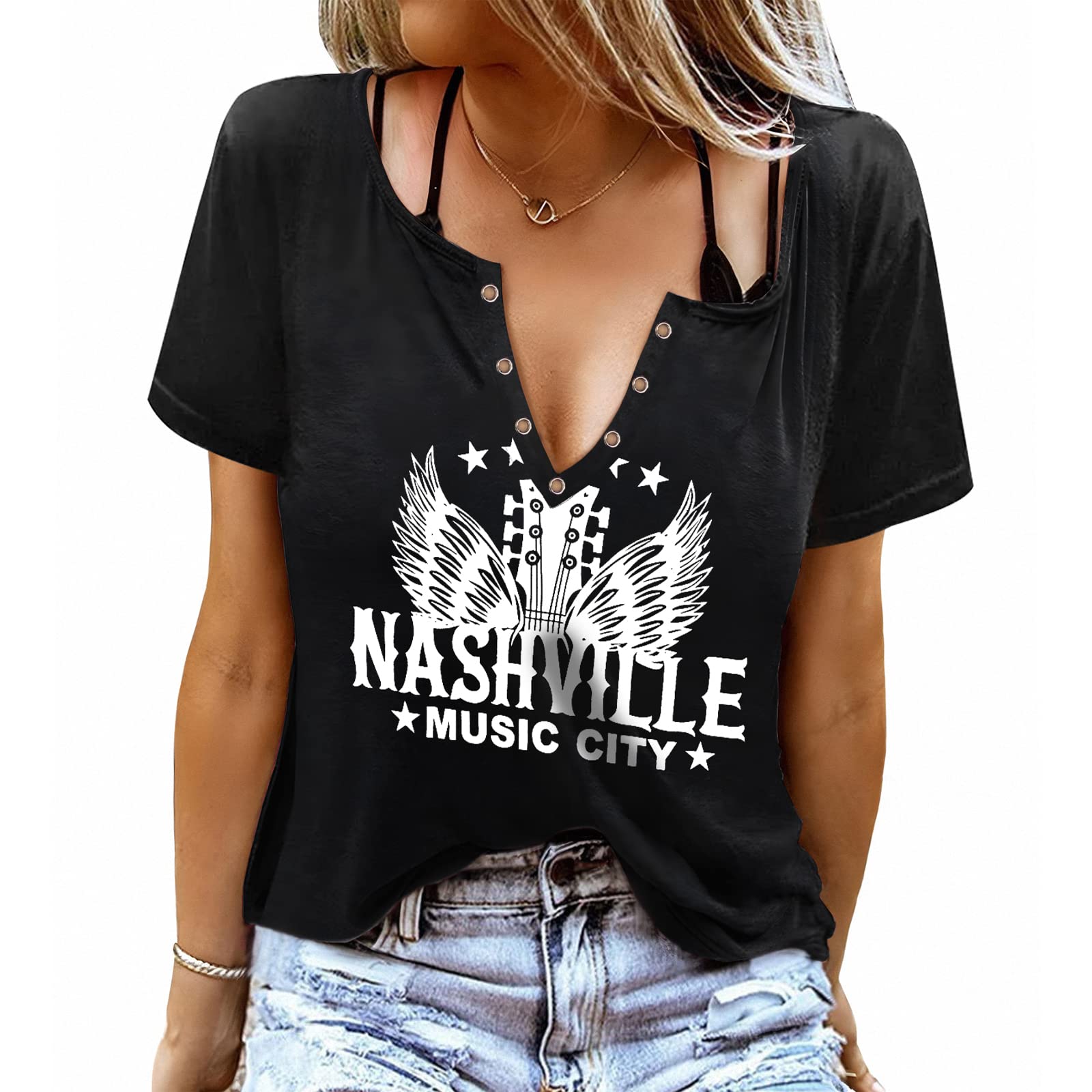 BinshreCountry Shirts Women Nashville Outfits Concert Music Graphic Tees Guitar Wings Rock Short Sleeve Tops