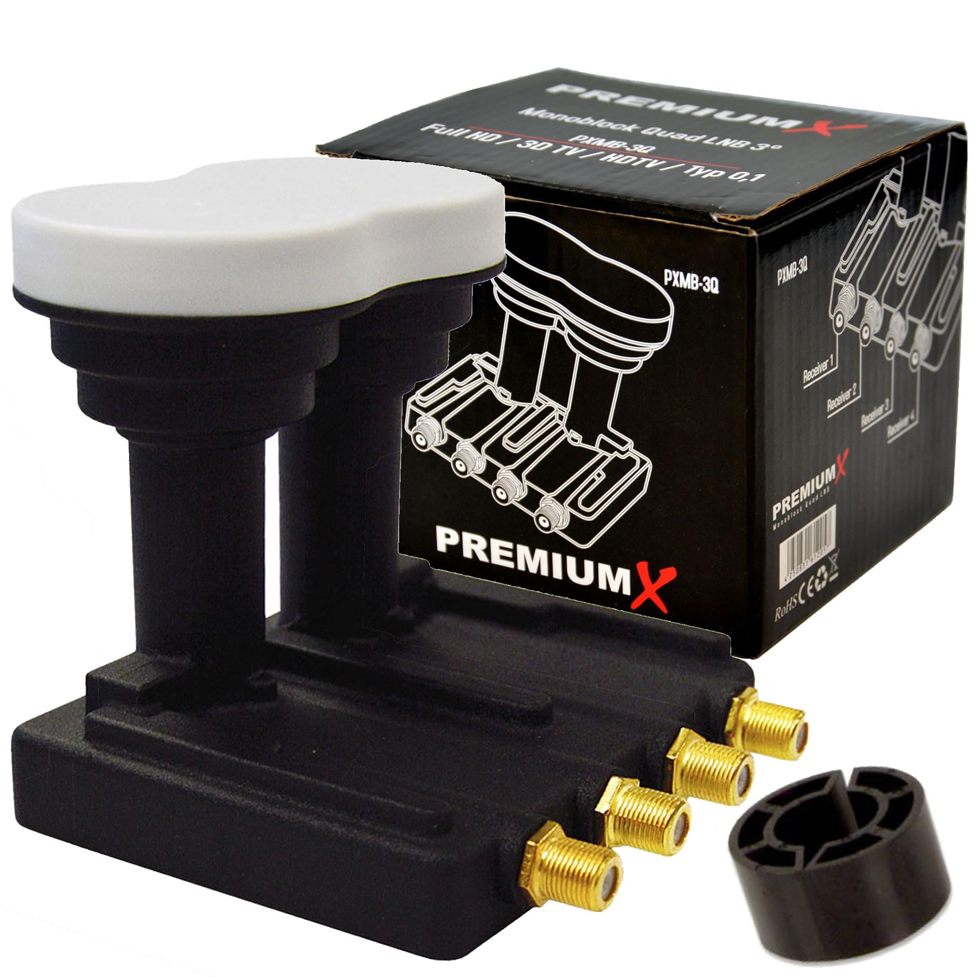 PremiumX Monobloc lnb Quad 3 ° pxmb3q 0,1 DB Astra 19,2 eutelsat 16 HDTV fullhd ultrahd 4k 3D Capable de 4 participants