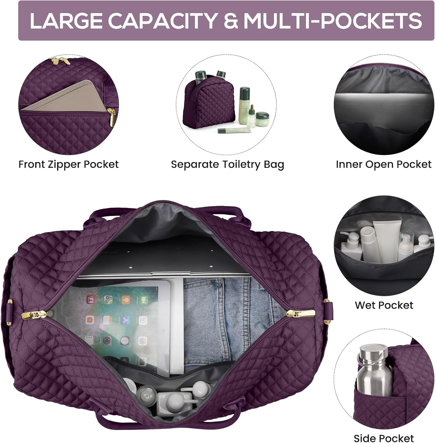 Travel Duffle Weekender Bags for Women - Carry on Overnight with Shoe Compartment Duffle Bag Hospital Bag Dark Purple - Image 2