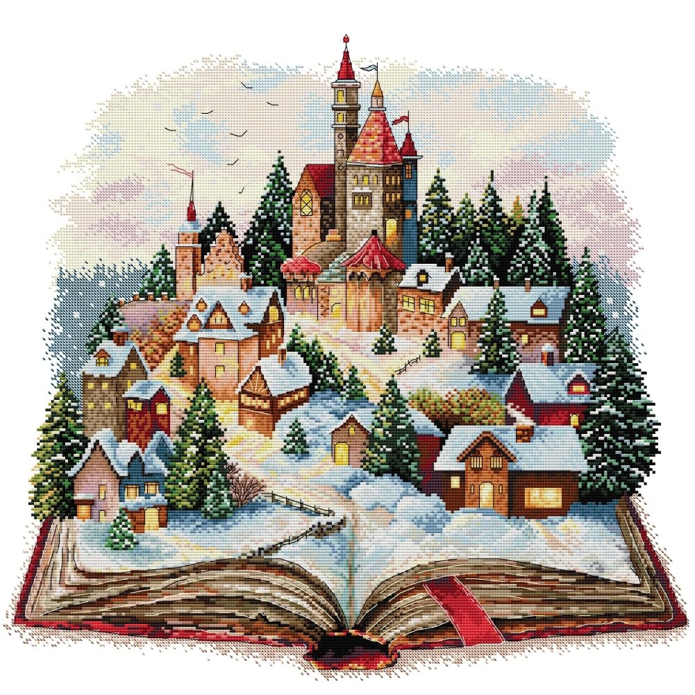 Awesocrafts Castle Cross Stitch Stamped Kits Magic Village Book Easy Patterns Cross Stitching Embroidery Needlework Kit Supplies 14Ct 2 Strands