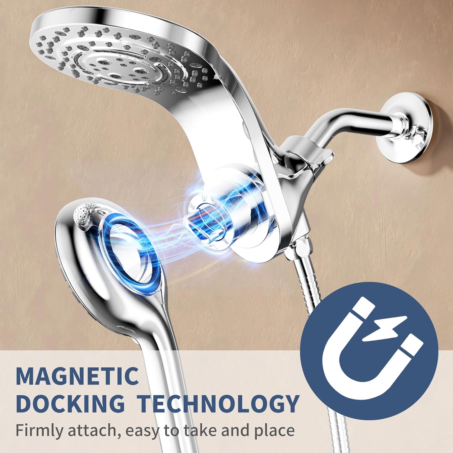 KAIYING High Pressure Handheld Shower Head with ON/OFF Pause Switch(Chrome) & KAIYING Magnetic Rain Shower Head with Handheld Spray Combo (Chrome)