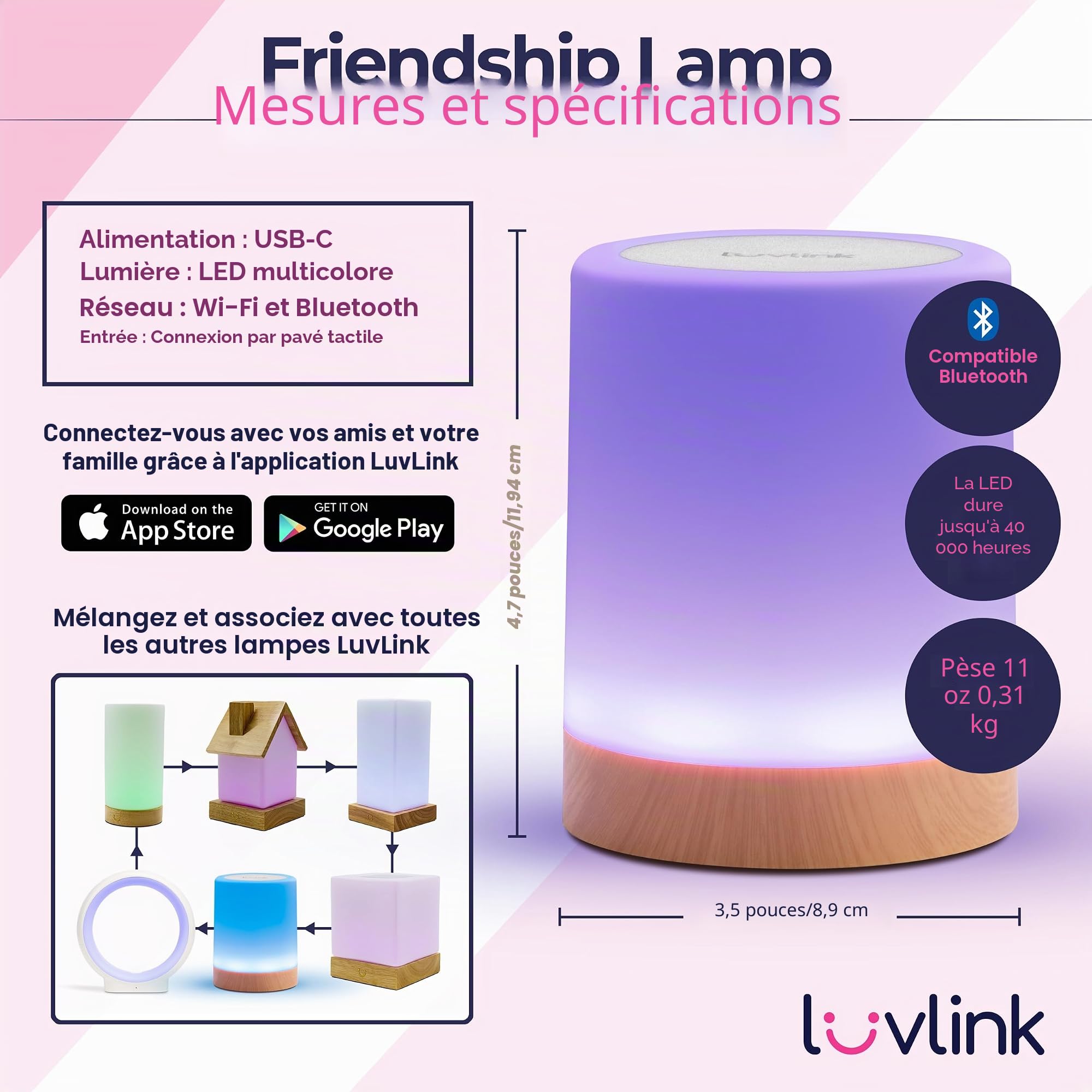 LuvLink Lampe d'amitié v2.0 - Lampes tactiles WiFi pour longue distance - Restez connectés partout - Configuration facile - Pas d'abonnement