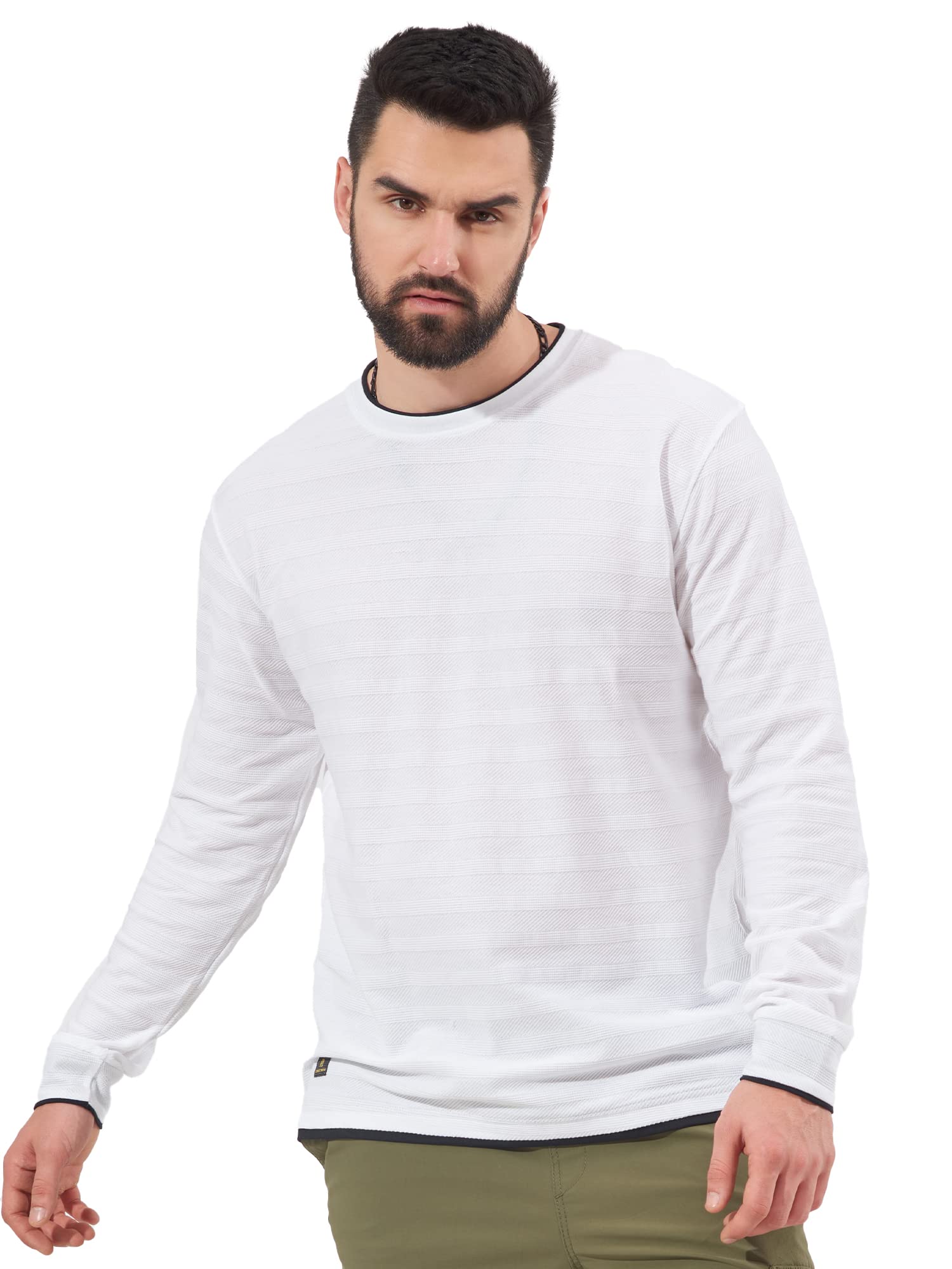 ManiacMens Solid Round Neck Full Sleeve Grey Cotton Slim Fit T-Shirt