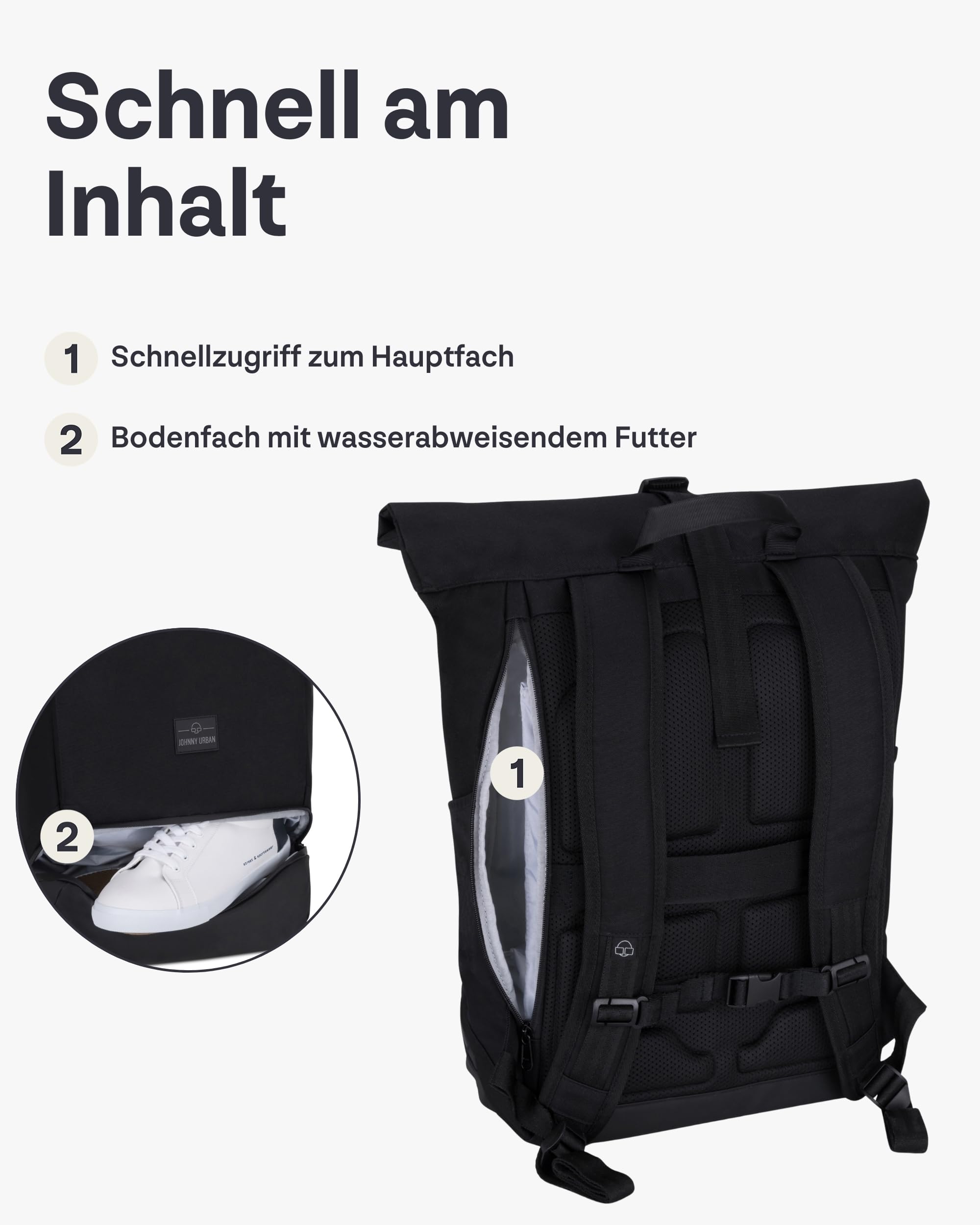 Johnny Urban Rucksack Herren & Damen Schwarz - Allen Large - Rolltop Backpack Groß für Fahrrad, Arbeit, Uni - Laptop Tagesrucksack mit Schuhfach - Wasserabweisend