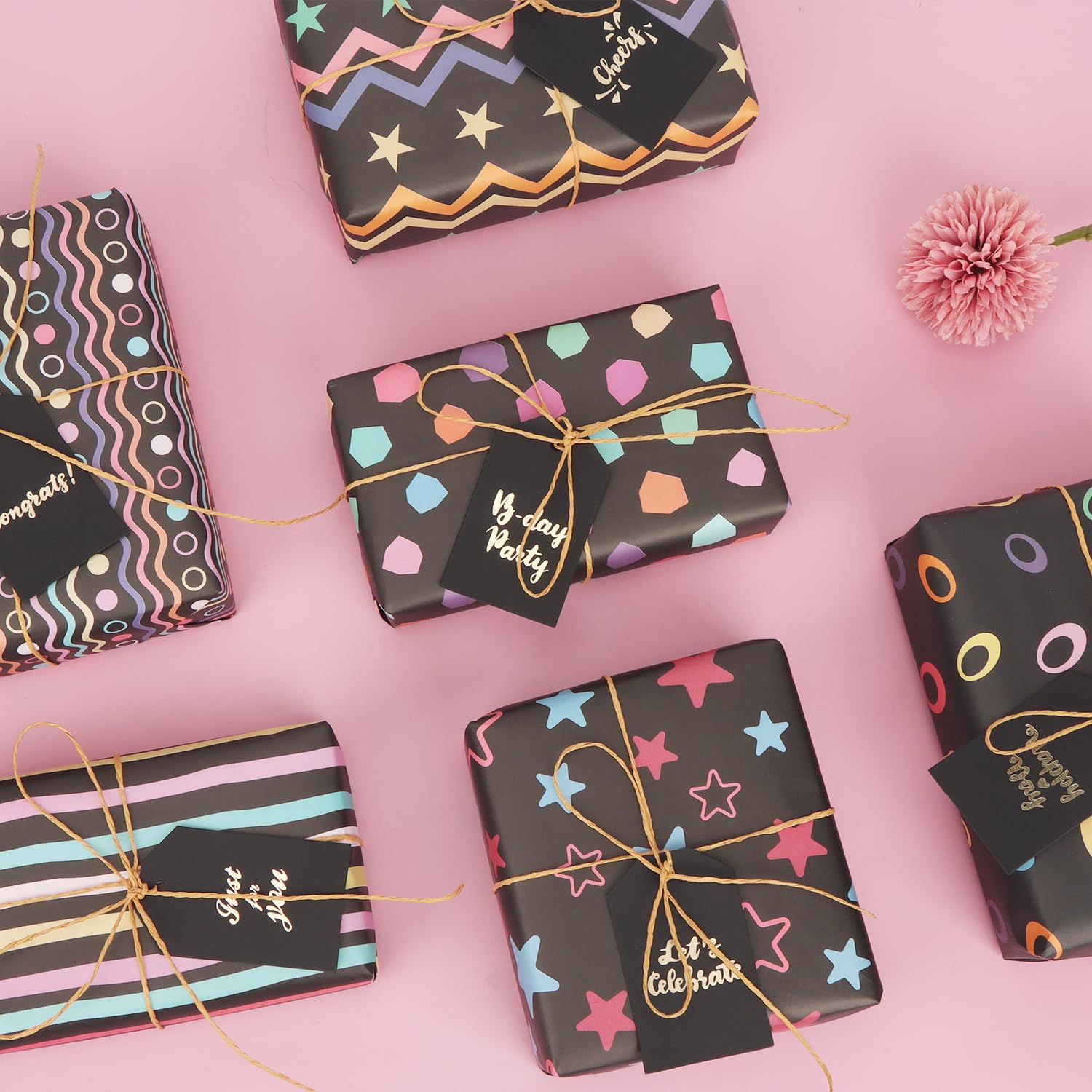 Carta Da Regalo Compleanno - Set Con 6 Fogli 50x70cm, 20m Corda Di Carta, 9 Etichette, Riciclata E Colorata - Foto 5