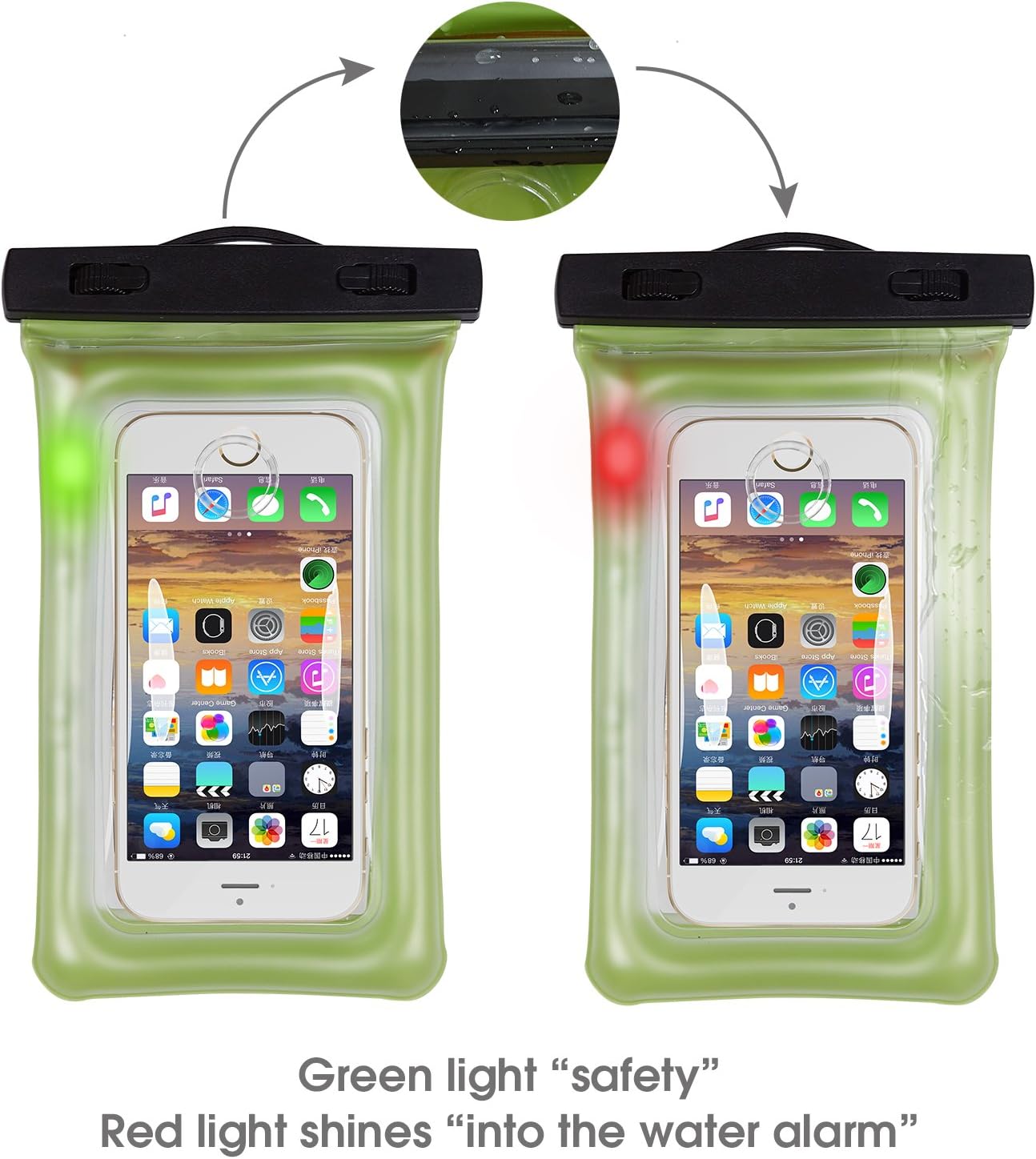 Sunbox Floating Waterproof Case with LED Flashing Warning Light and Neck Strap, Cellphone Outdoor Sports Dry Bag Pouch for iPhone X 8 7 Plus SE 5S, Note8,Samsung Galaxy S8 S7 edge up to 6 Inch (GREEN)
