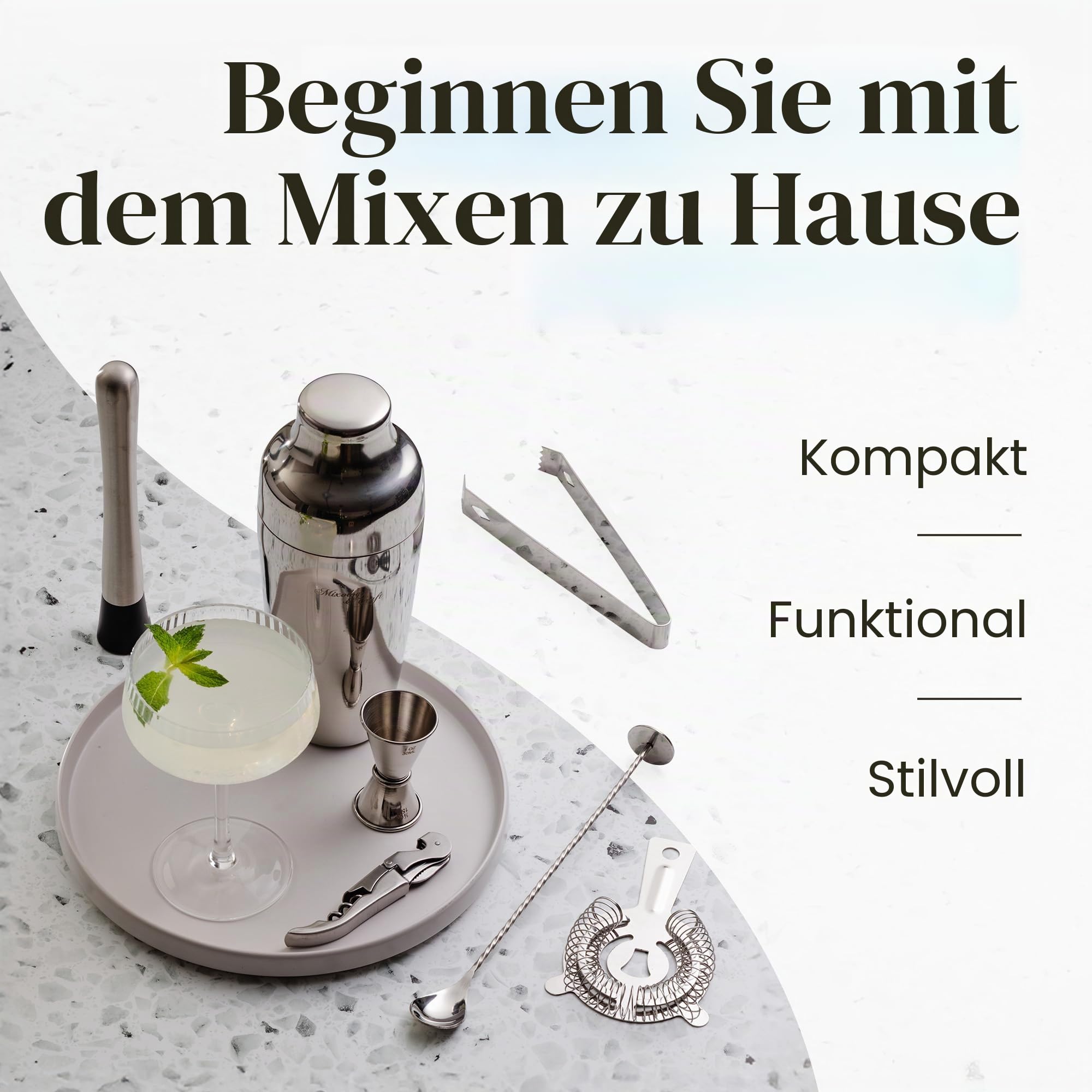 Mixology & Craft Cocktail Set (10-tlg.) - Edles Cocktail Shaker Set mit Shaker aus Edelstahl und Bar Zubehör im Holzständer aus Mahagoni - Dekoratives Geschenkset - Silber