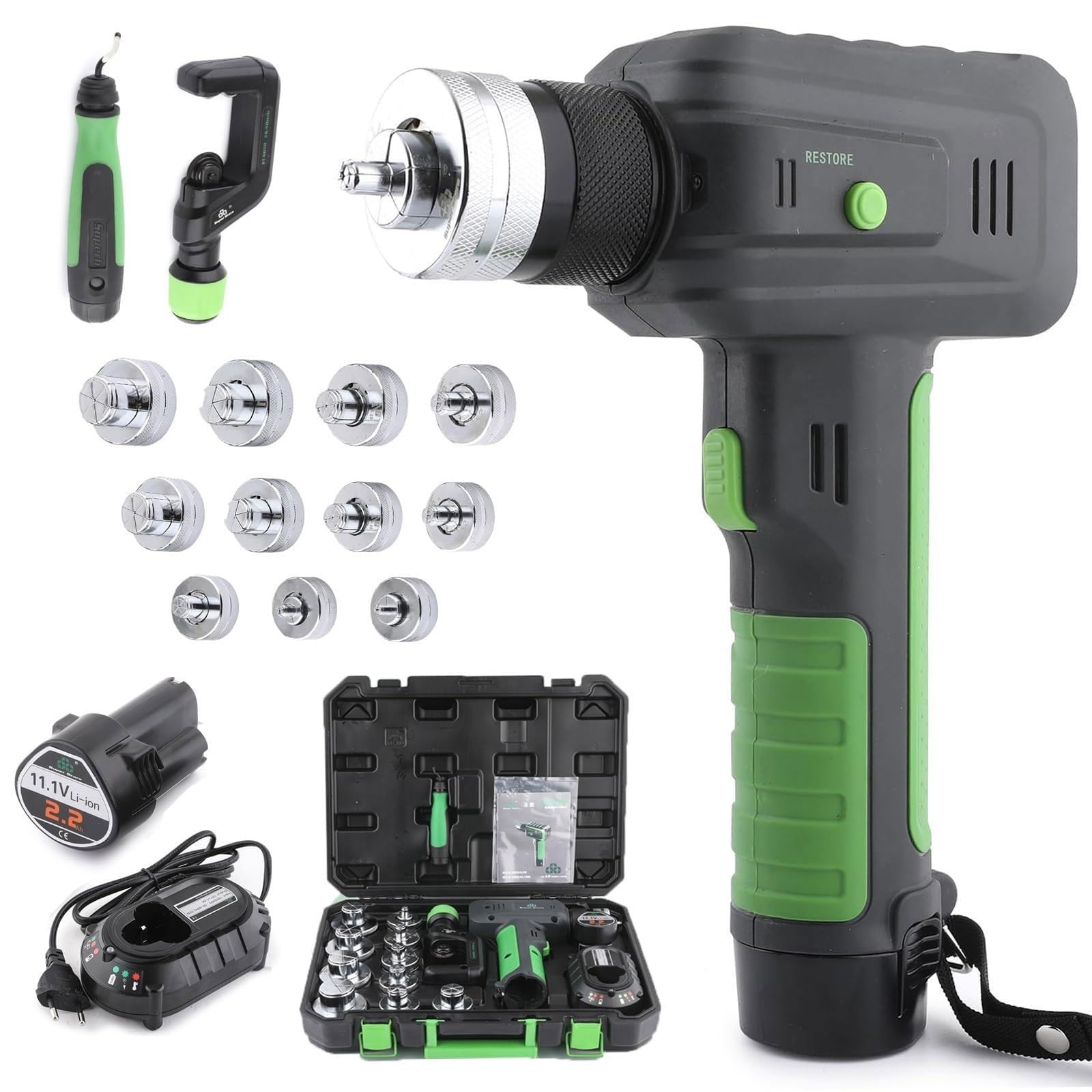 Kit d'expansion de tuyau hydraulique avec 11 têtes remplaçables, batterie au lithium haute capacité, coupe-tuyau pour tuyaux en cuivre et aluminium, 1 cm à 2,5-0,3 cm