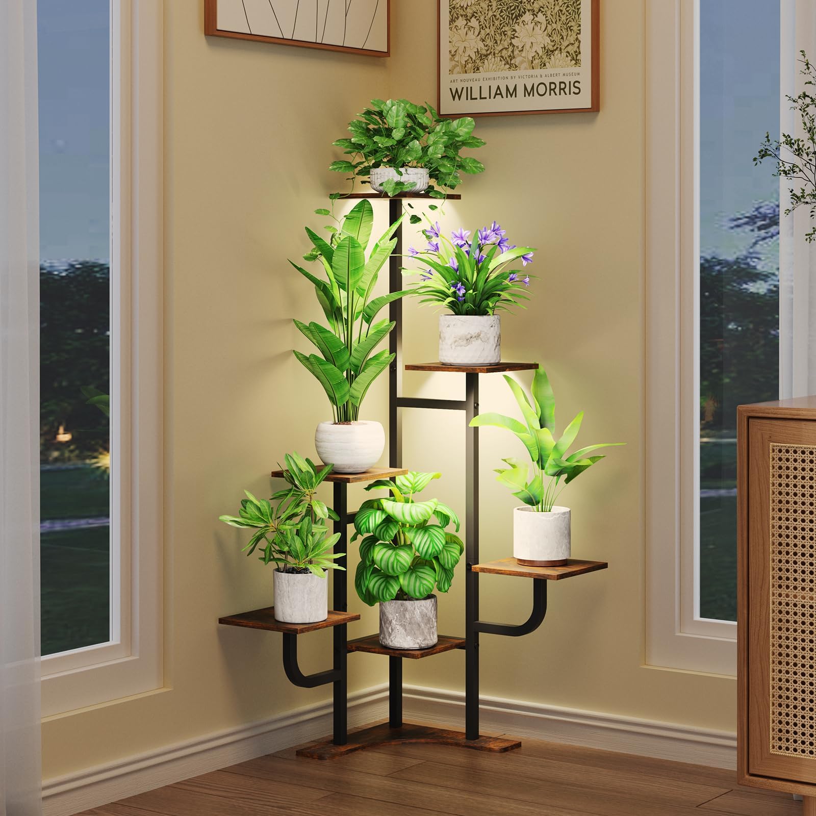 Homsorout Corner Plant Stand with Grow Light - 6 Tier Plant Stand Indoor Square Metal Plant Shelf with Adjustable Light, Plant Organizer for Living Room, Graden, Home Decor, Brown