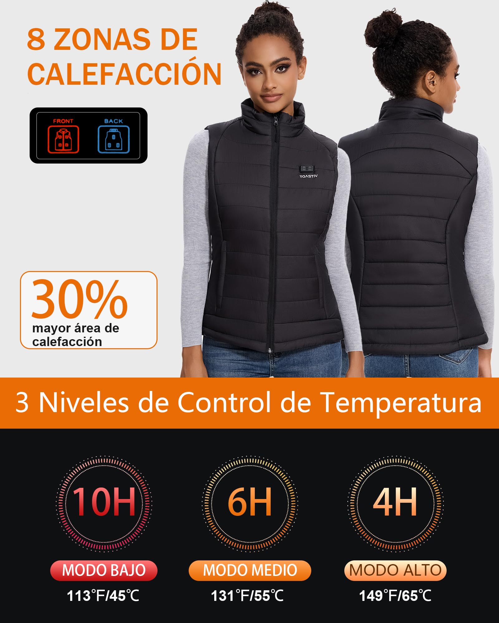 Chaleco Calefactable Mujer con bateria de 16000mAh, Chaleco Calefactable con 8 Zonas de Calefacción y 3 Niveles de Temperatura Ajustables, Chaleco Termico Eléctrico Lavable para al Aire Libre