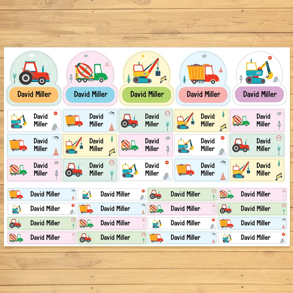 Construction Kids Labels Self Adhesive Waterproof Personalised Name Stickers for Water Bottles School Items Papa Prints®