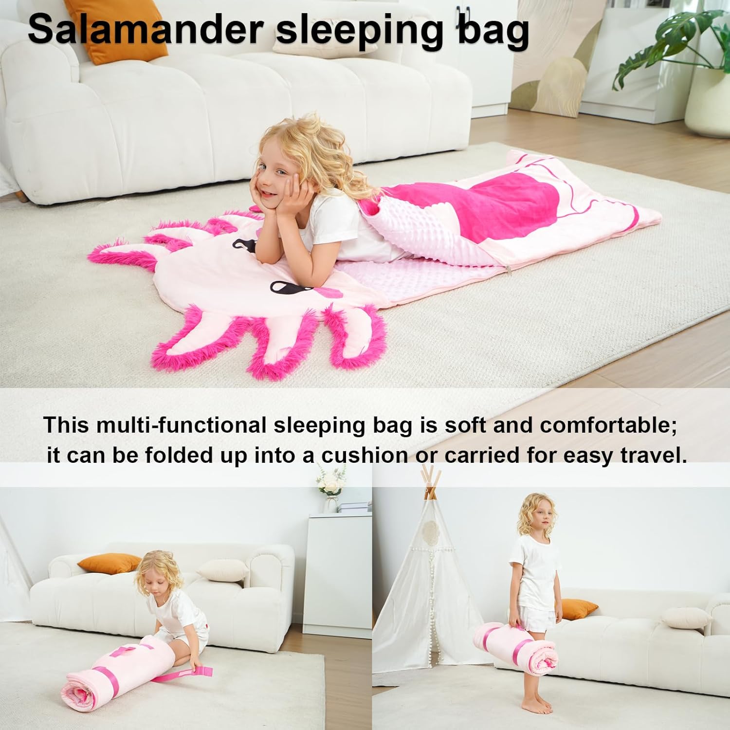 Axolotl Kids Sleeping Bag with Pillow, 3-in-1 Convertible Toddler Nap Mat, Portable Roll-Up for Daycare Travel Camping