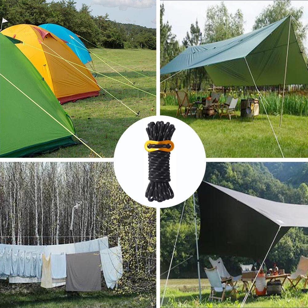 6 Pezzi Corda Tenda Riflettente Corda Tenda Campeggio 4m x 5mm Corda Tiranti Tende Corda Tenda Nera con Tenditore Regolabile per Tenda da Campeggio all'aperto