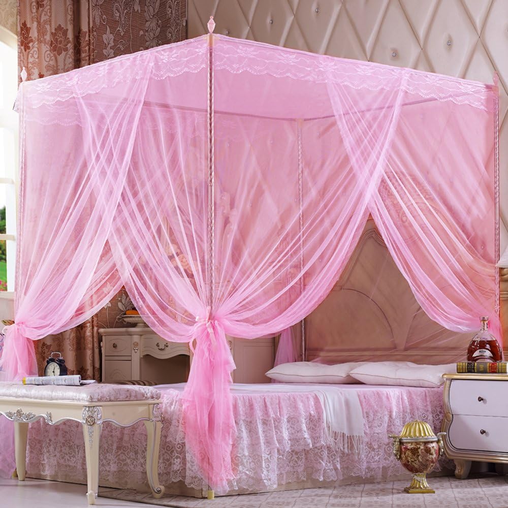 4 Corners Post Pink Canopy Bed Curtain Full Bed for Girls & Adults - 4 Opening Mosquito Net - Princess Bedroom Decoration