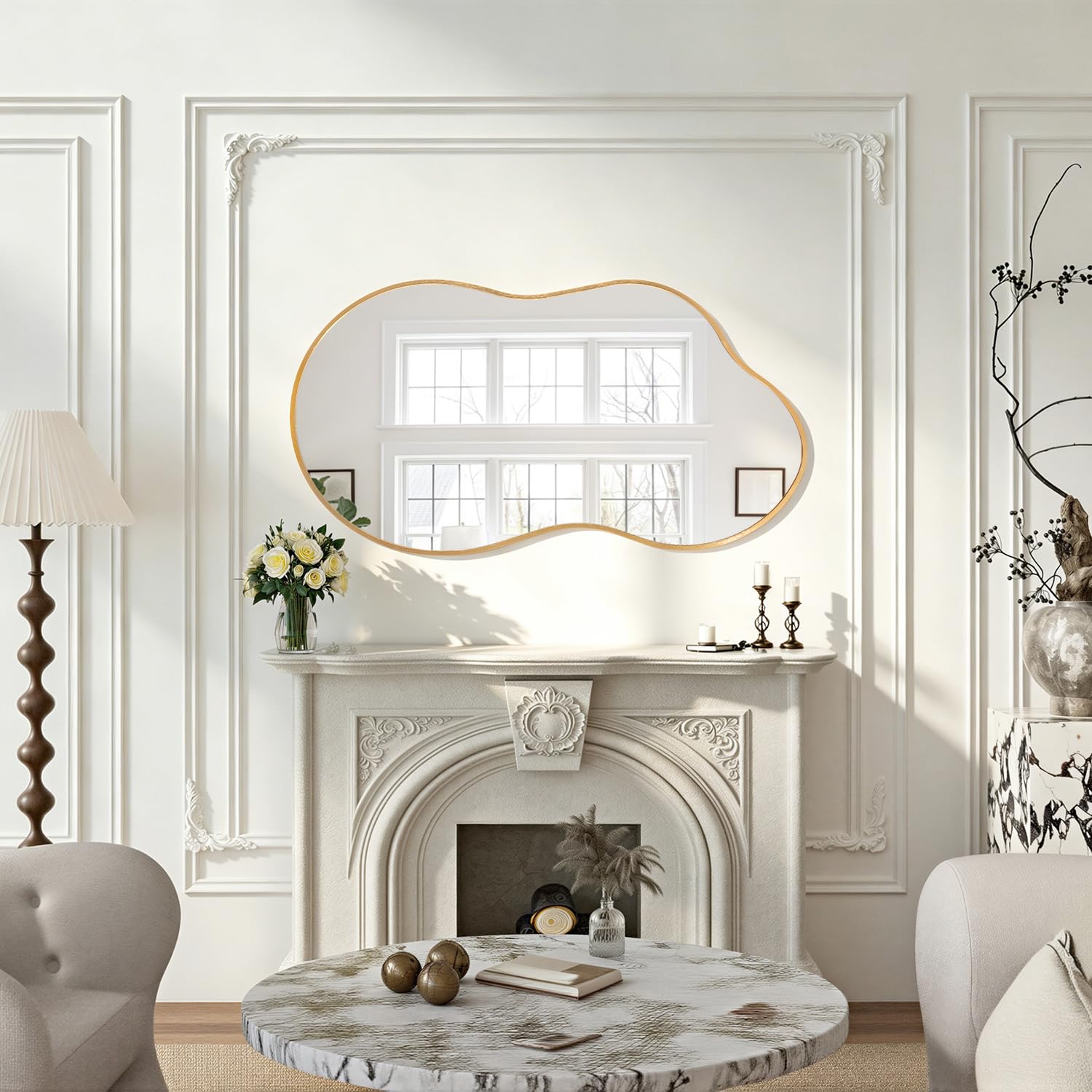 JJUUYOU Espejo de pared asimétrico grande con marco de metal dorado irregular, moderno y único, espejo decorativo para baño, tocador, dormitorio, sala de estar, entrada, pasillo, espejos 50 x 90 cm