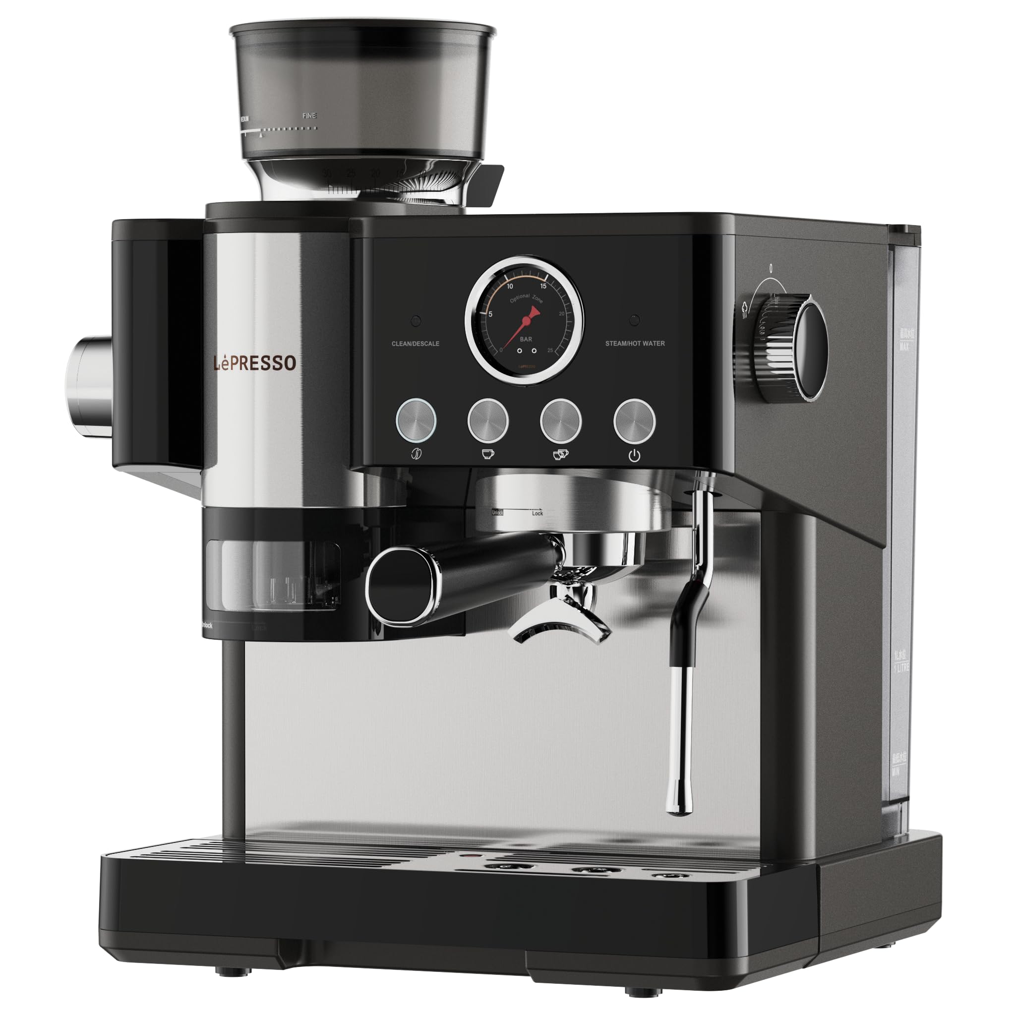 LePresso Semi-Automatic Coffee Machine with Adjustable Grinder, Espresso Machine with Smart Tamping System, Industrial 58mm Porta Filter, 19Bar Pump, Multiple Brewing Option, Large Water Tank Capacity Maestro