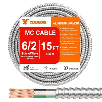 15FT 6/2 Metal Clad MC Cable with Ground, 6 Gauge Electric Wire with Aluminum Armor, Solid Bare Copper Conductors for Indoor Outdoor Underground Embedded Installation 6/2, 15 ft