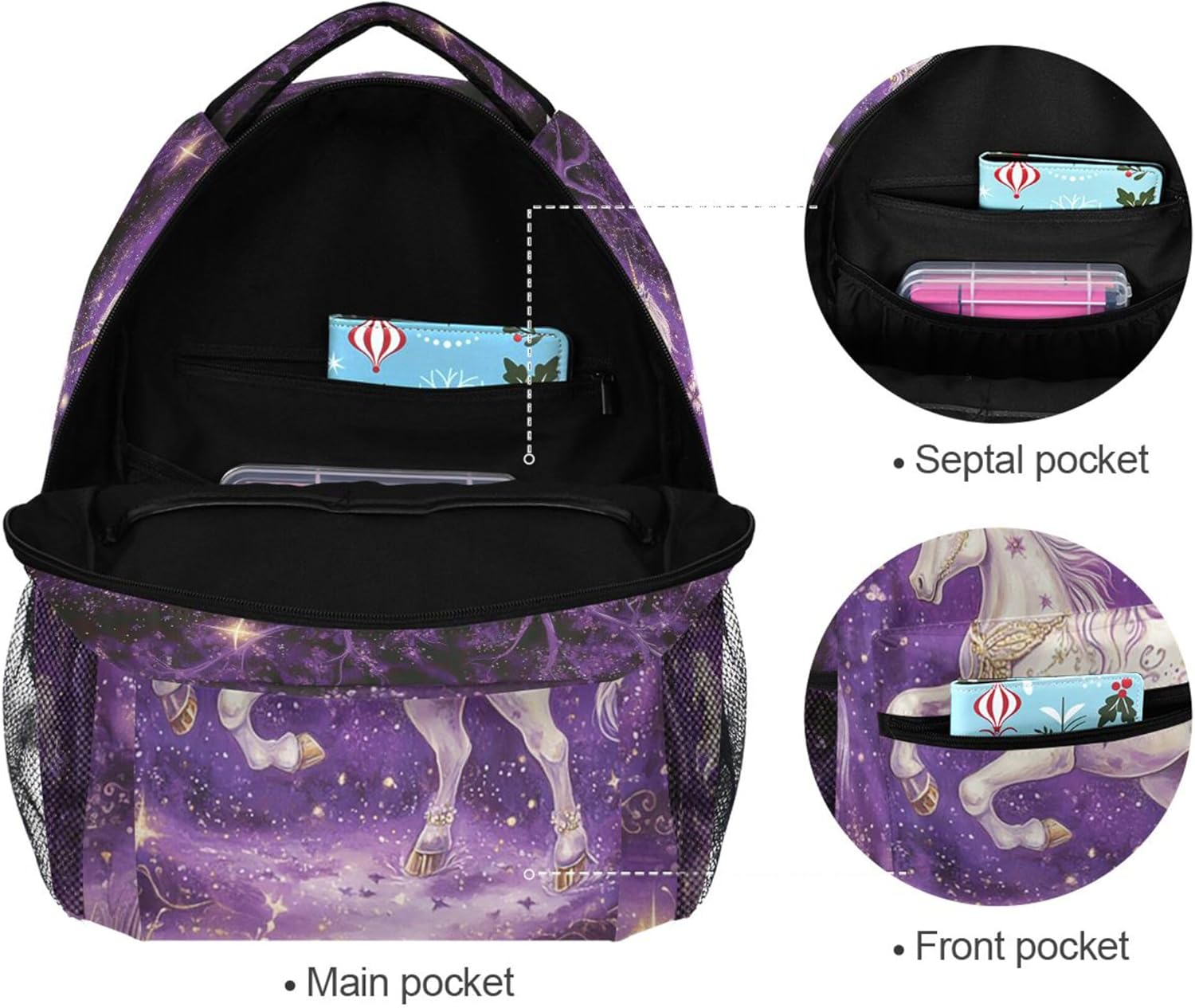 Wamika Unicorn Backpack for School Butterfly Horse Purple Fairy Tale Girls Boys Backpack Bookbag Kids Children Teens Backpacks for Age 6-16 M