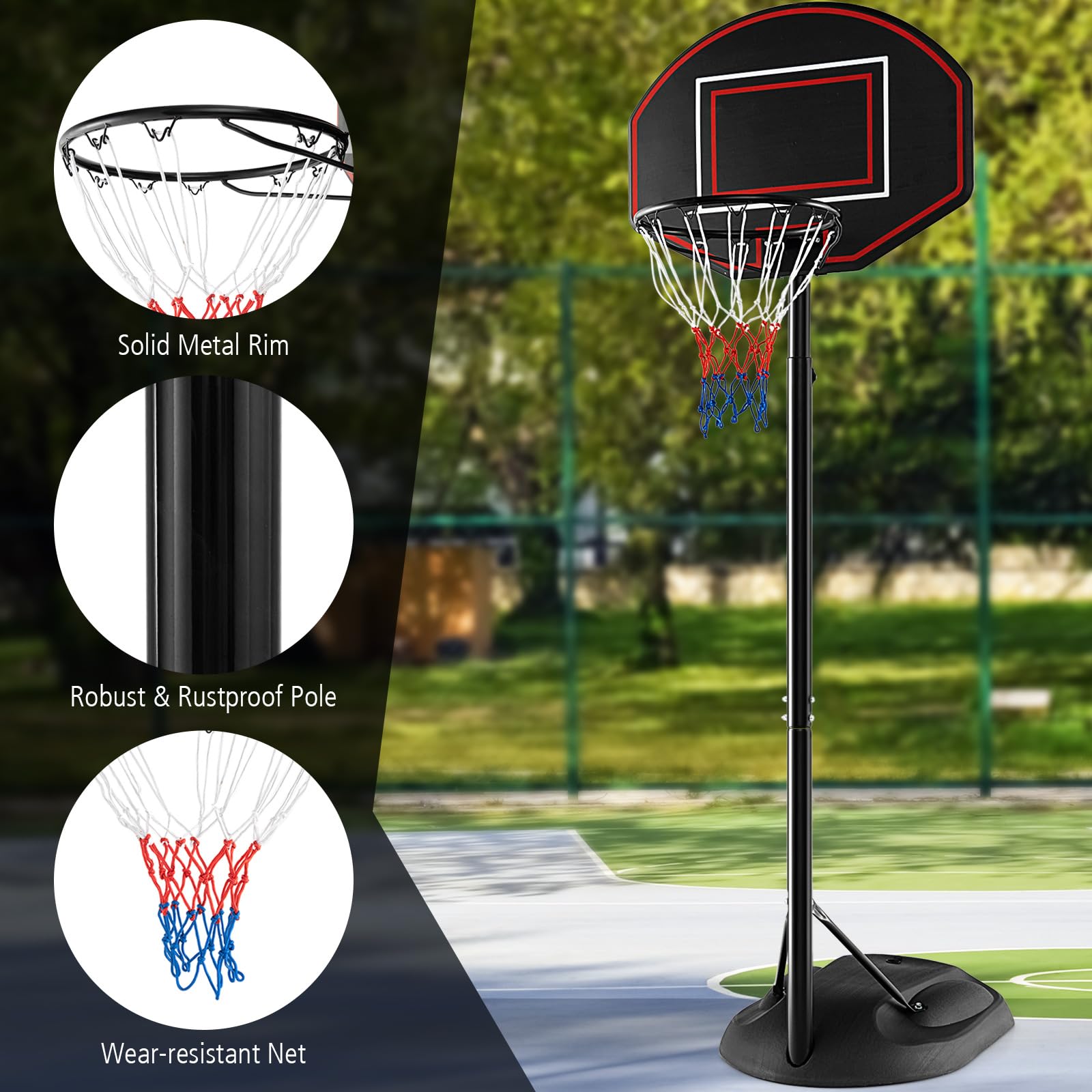 GYMAX Canestro da basket e supporto, sistema di porta da basket regolabile in altezza con base riempibile e ruote integrate, set di rete da basket portatile per esterni e interni, per bambini, ragazzi