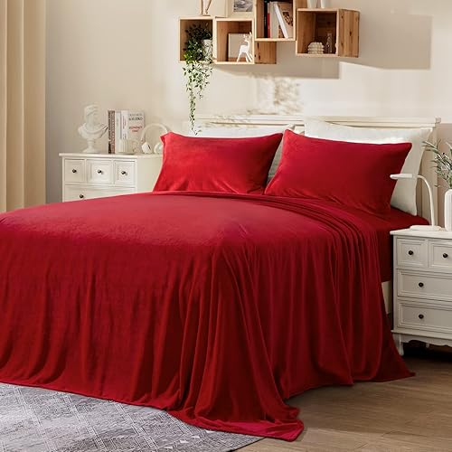 BYSURE Sábanas de franela de doble cara (tamaño matrimonial, rojo), sábanas de microfibra aterciopelada de 4 piezas de 15 pulgadas, ropa de cama de