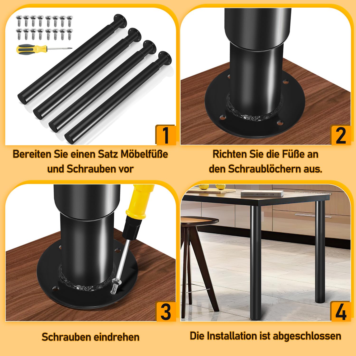 Nogi stołu z regulacją wysokości 70-110 cm, 8 sztuk, czarne metalowe nóżki meblowe, cylindryczne, regulowane nogi stołu do stołu, stołu śniadaniowego, blatu i blatów roboczych
