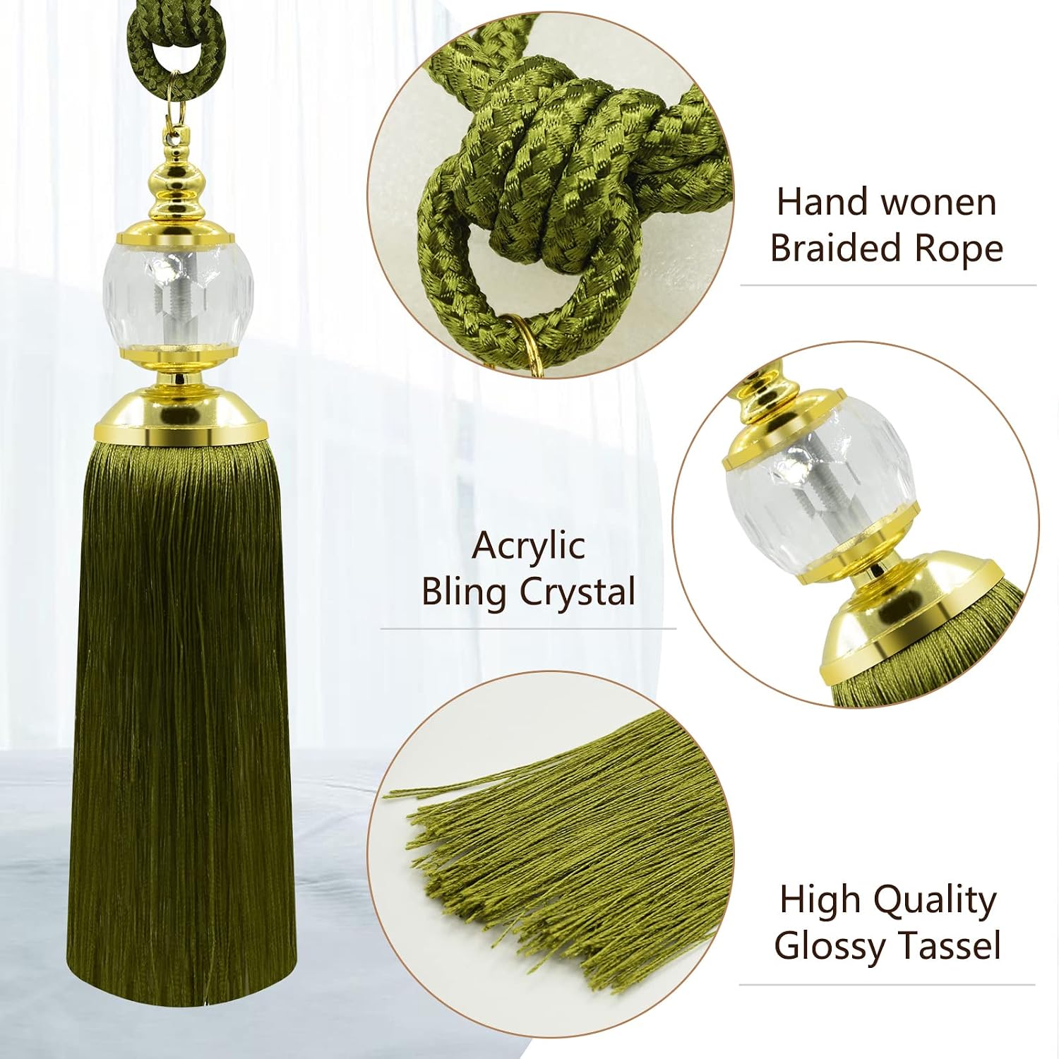 Tassel Curtain Tiebacks Green Tie Backs for Curtains Crystal Beads Curtain Tassels Holder, Curtain Holders for Drapes Ties Hand-Woven Farmhouse Curtains Tassel Tie Back Rope 2 Pack