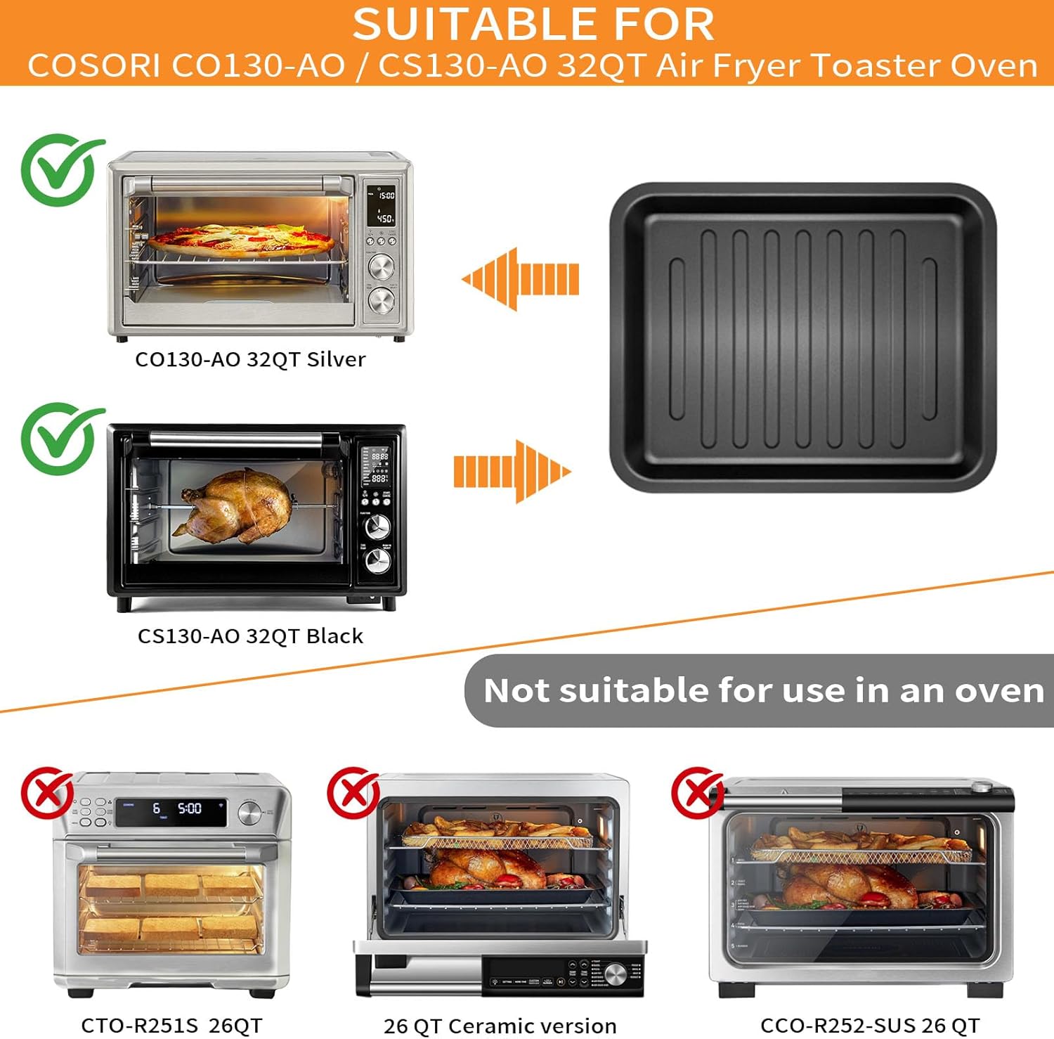 Air Fryer Toaster Oven Accessories for COSORI Air Fryer Toaster Oven 32Qt 12 in 1 CO130-AO 13 in 1 CS130-CFH CS130-AO, Air Fryer Replacement Parts Rack Grill Pan Grill Plate Crisper Plate Tray
