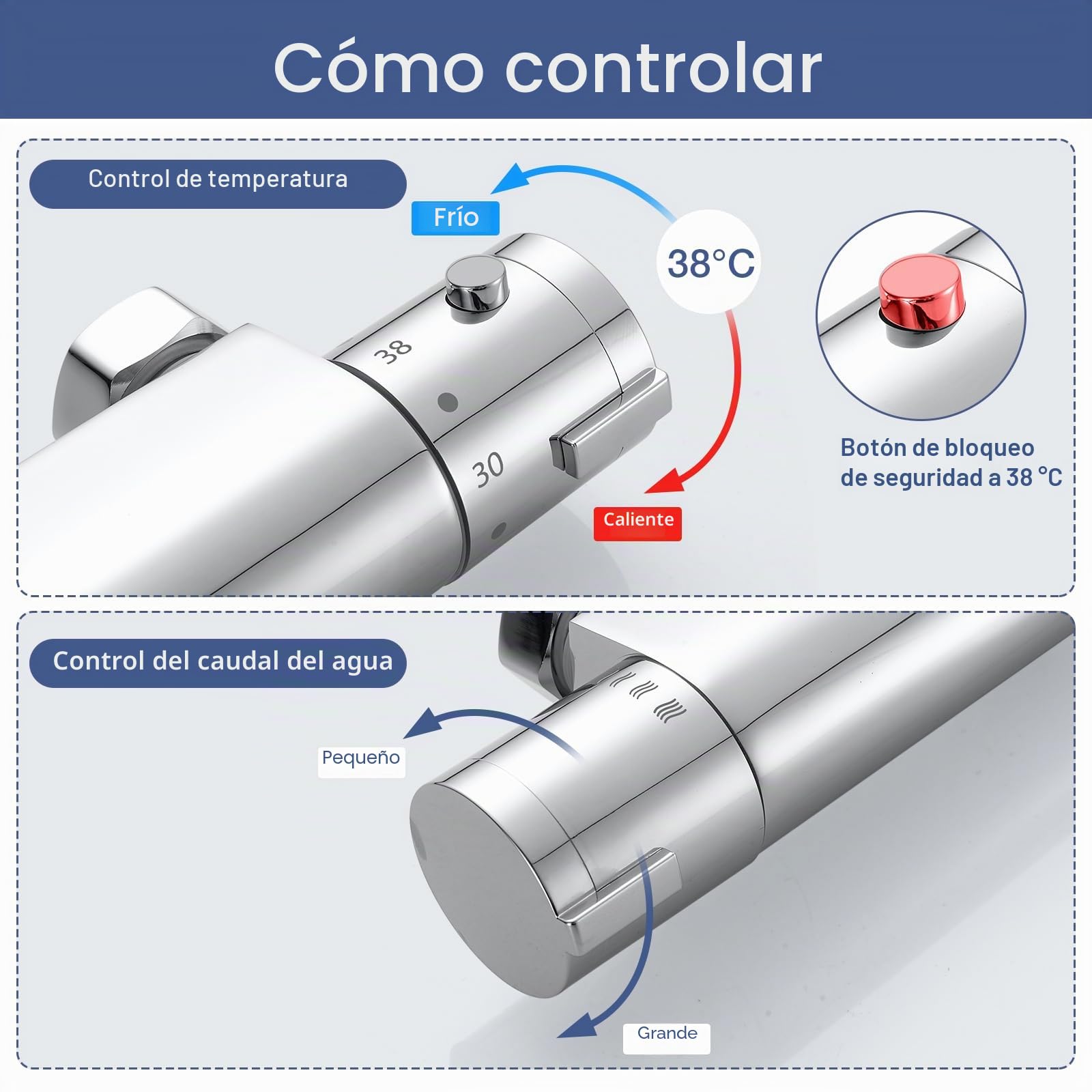 Grifo Ducha Termostatico, Bevankly Termostato Ducha con el Botón de Seguridad de 38 ℃, Grifo Ducha Termostatico de Latón Cromado | Termostato de ducha, grifo de ducha, cromo, latón, grifos de ducha con tope de seguridad de 38 °C