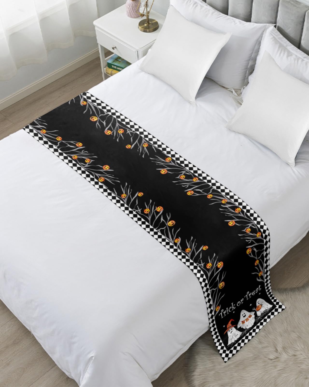 Bed Runner for Twin Size Bed, Halloween Bed Scarf Throws for Foot of Bed, Black White Plaid Boo Ghost Pumpkin Trick or Treat Luxury Bedding Protector Slipcover Bed Runners for Hotel/Home, 71 x 20 Inch